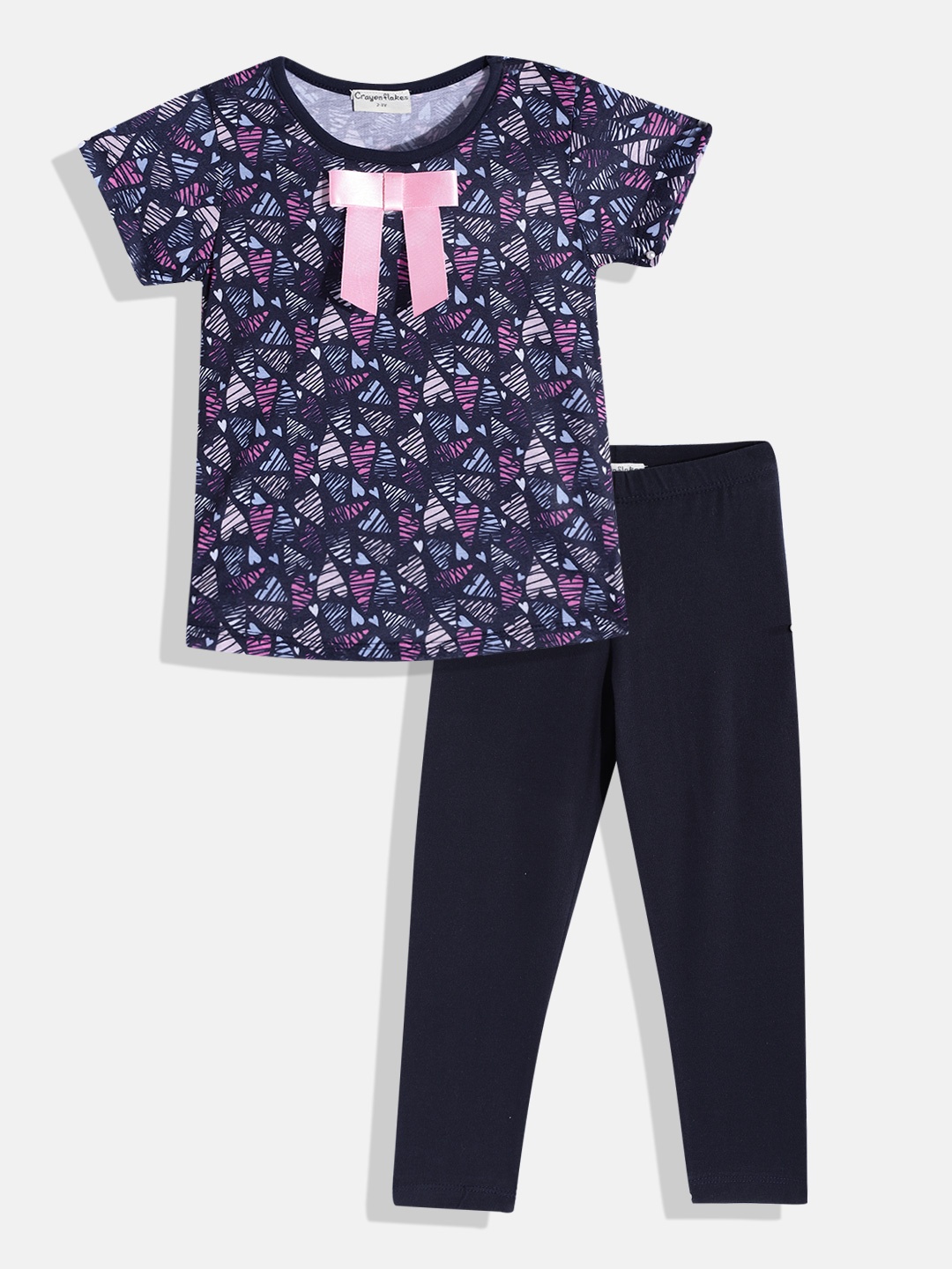 

CrayonFlakes Girls Navy Blue & Pink Printed Clothing Set