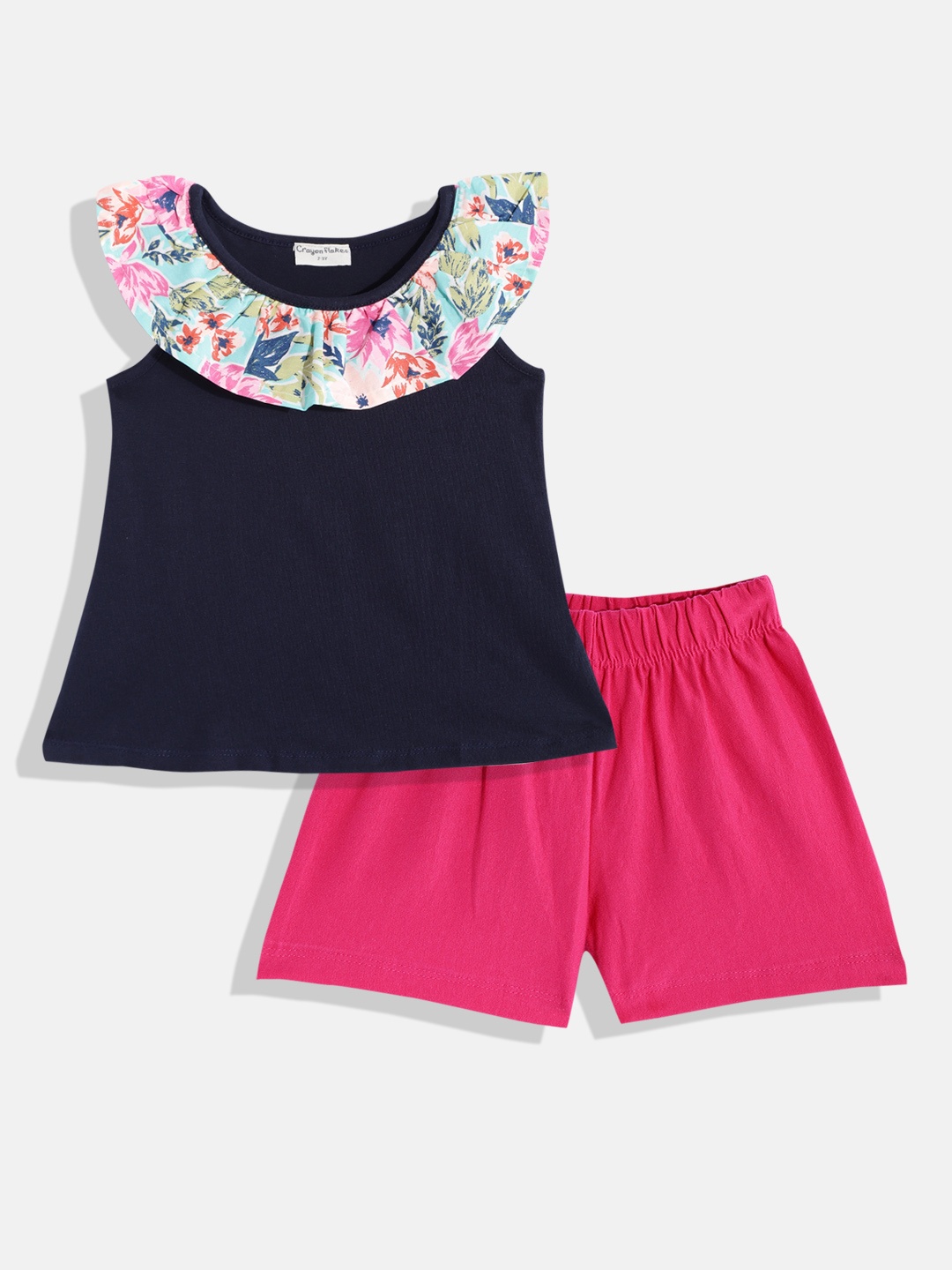 

CrayonFlakes Girls Navy Blue & Pink Top with Shorts