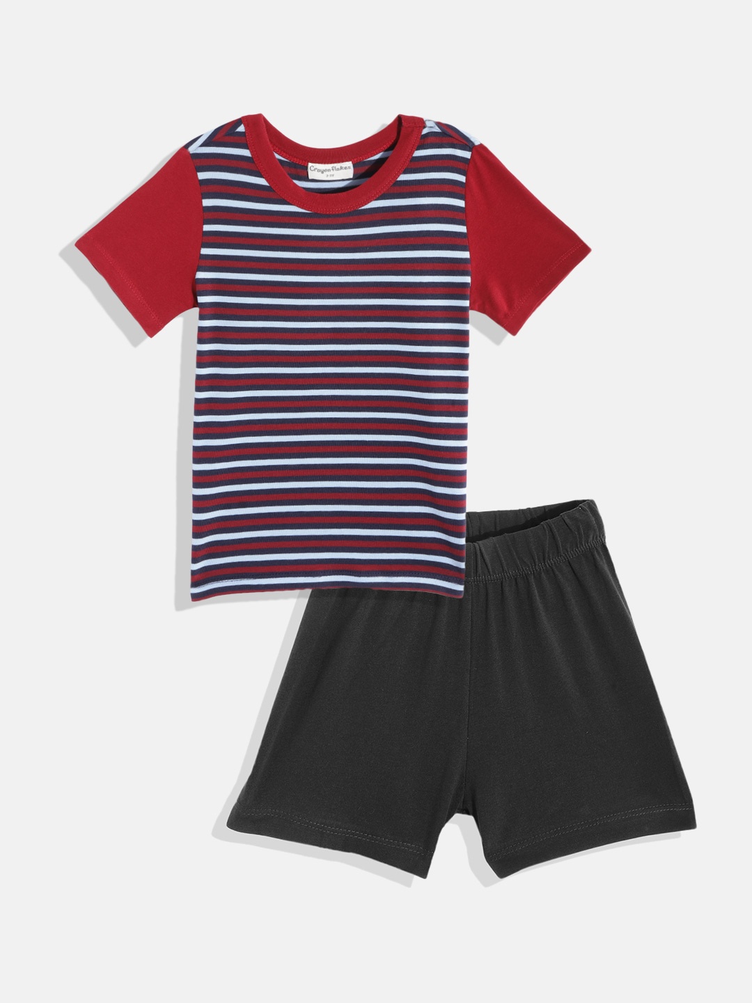 

CrayonFlakes Boys Maroon & Black Striped T-shirt with Shorts