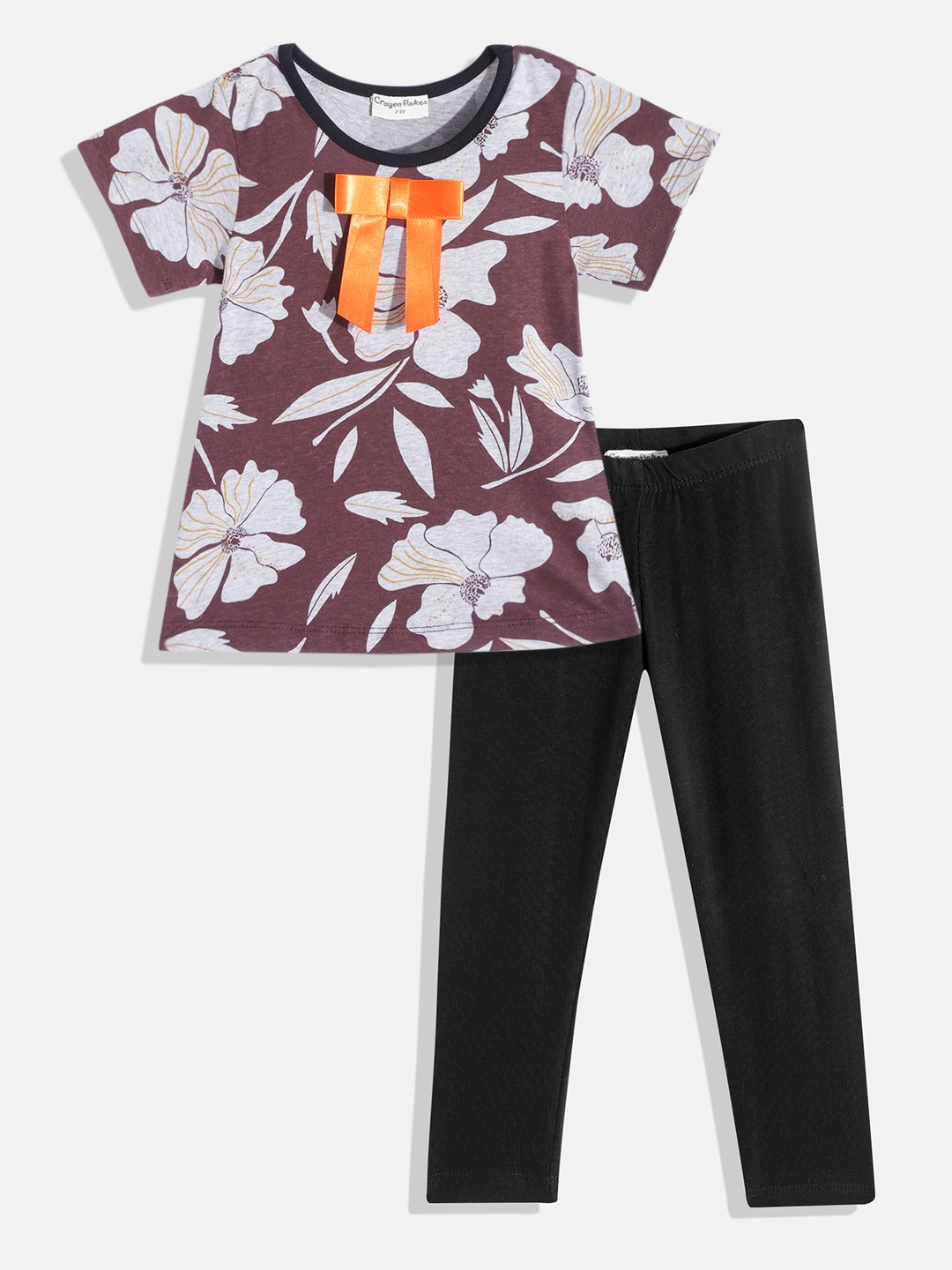 

CrayonFlakes Girls Burgundy & Black Printed Top with Leggings