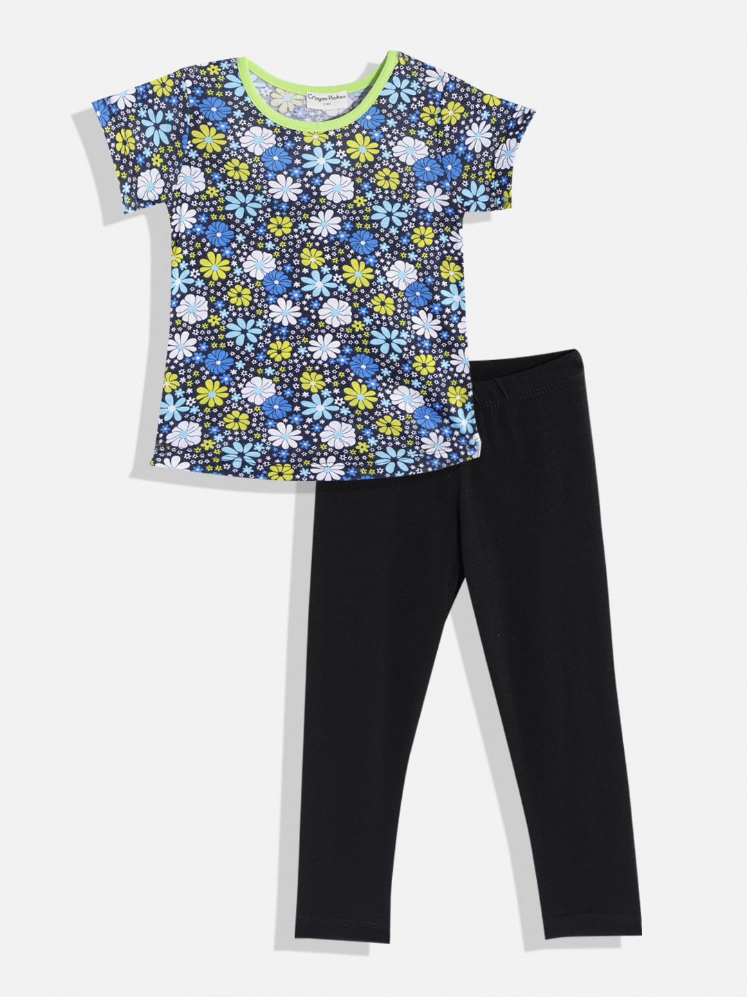 

CrayonFlakes Girls Black & Blue Printed T-shirt with Leggings