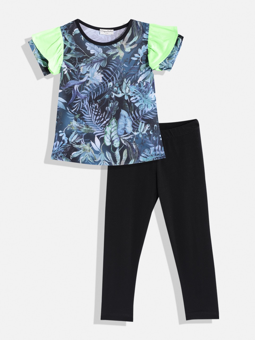 

CrayonFlakes Girls Blue & Black Printed Top with Leggings