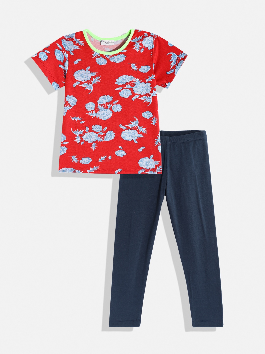

CrayonFlakes Girls Red & Blue Printed Clothing Set