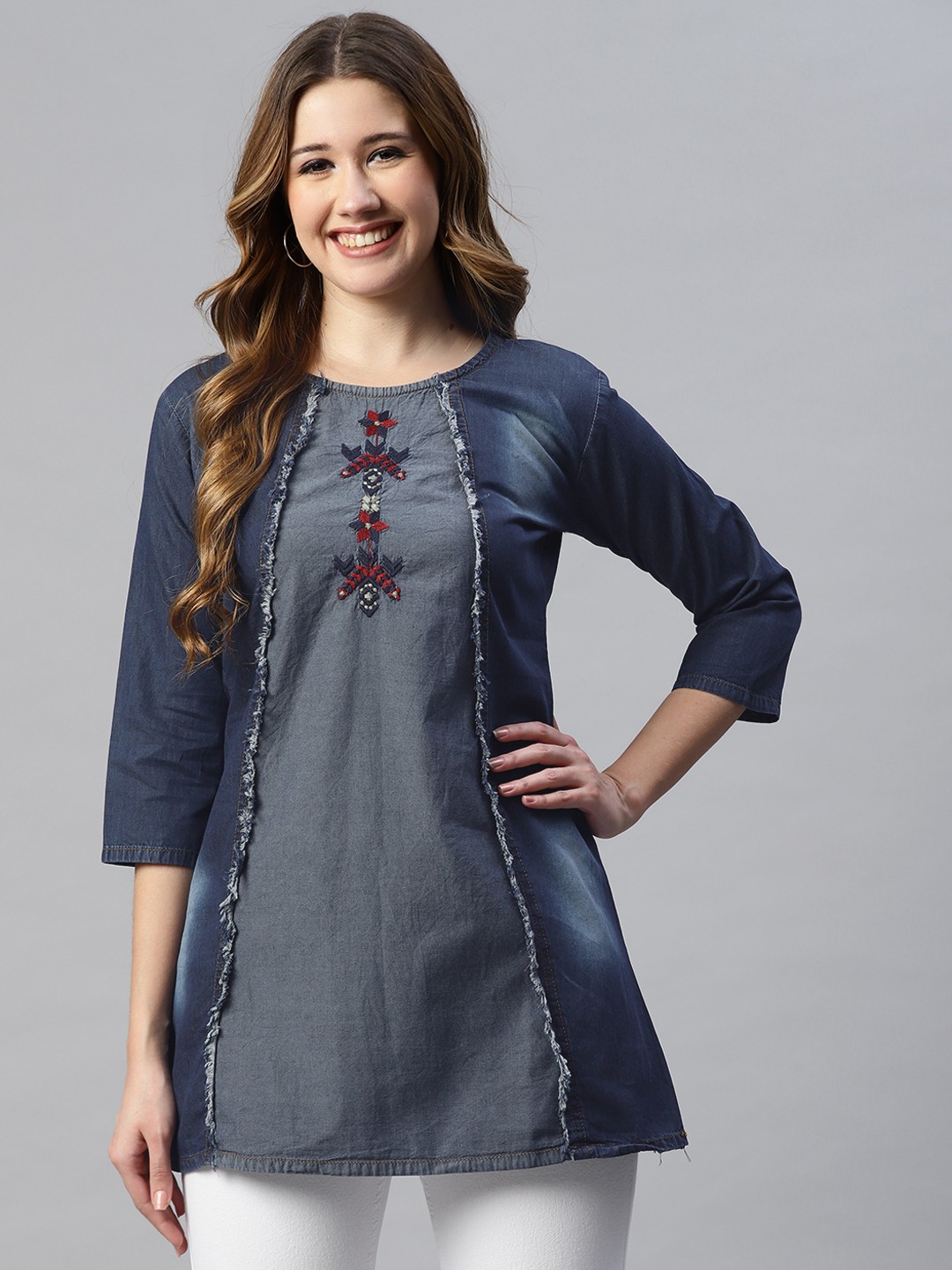 

SERONA FABRICS Navy Blue Floral Embroidered Denim Top