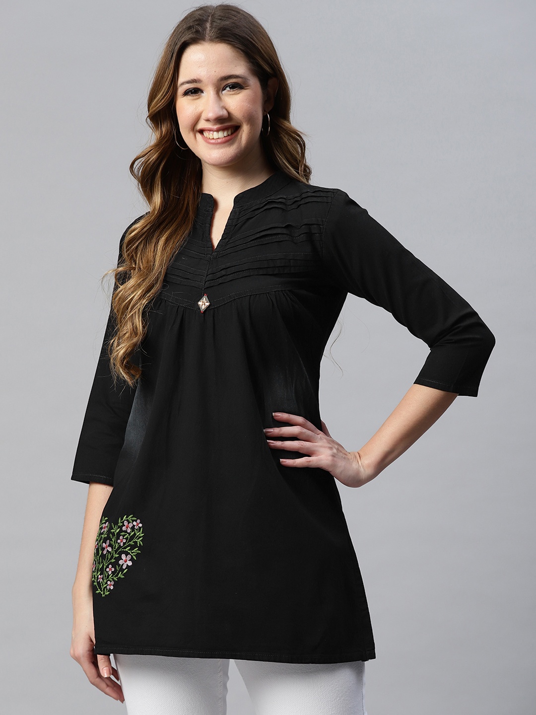 

SERONA FABRICS Black Floral Embroidered Mandarin Collar Denim Top