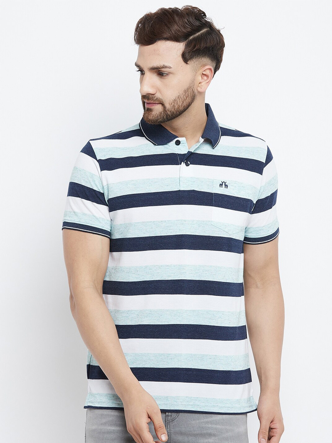 

98 Degree North Men Blue & White Striped Polo Collar T-shirt