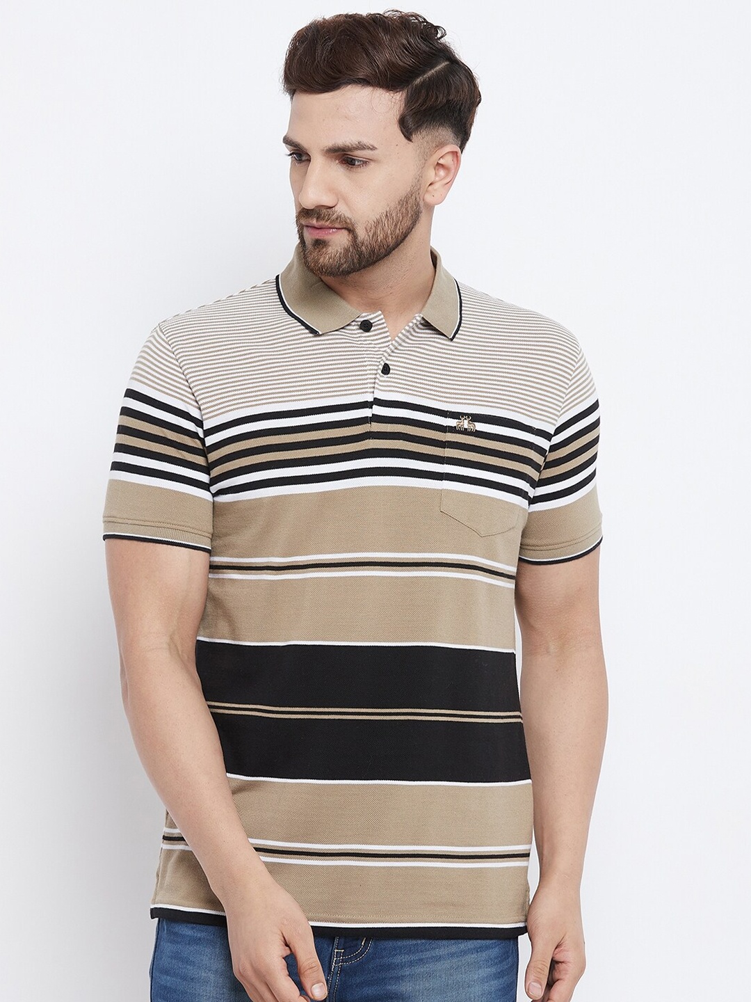 

98 Degree North Men Camel Brown Striped Polo Collar Regular Fit T-shirt
