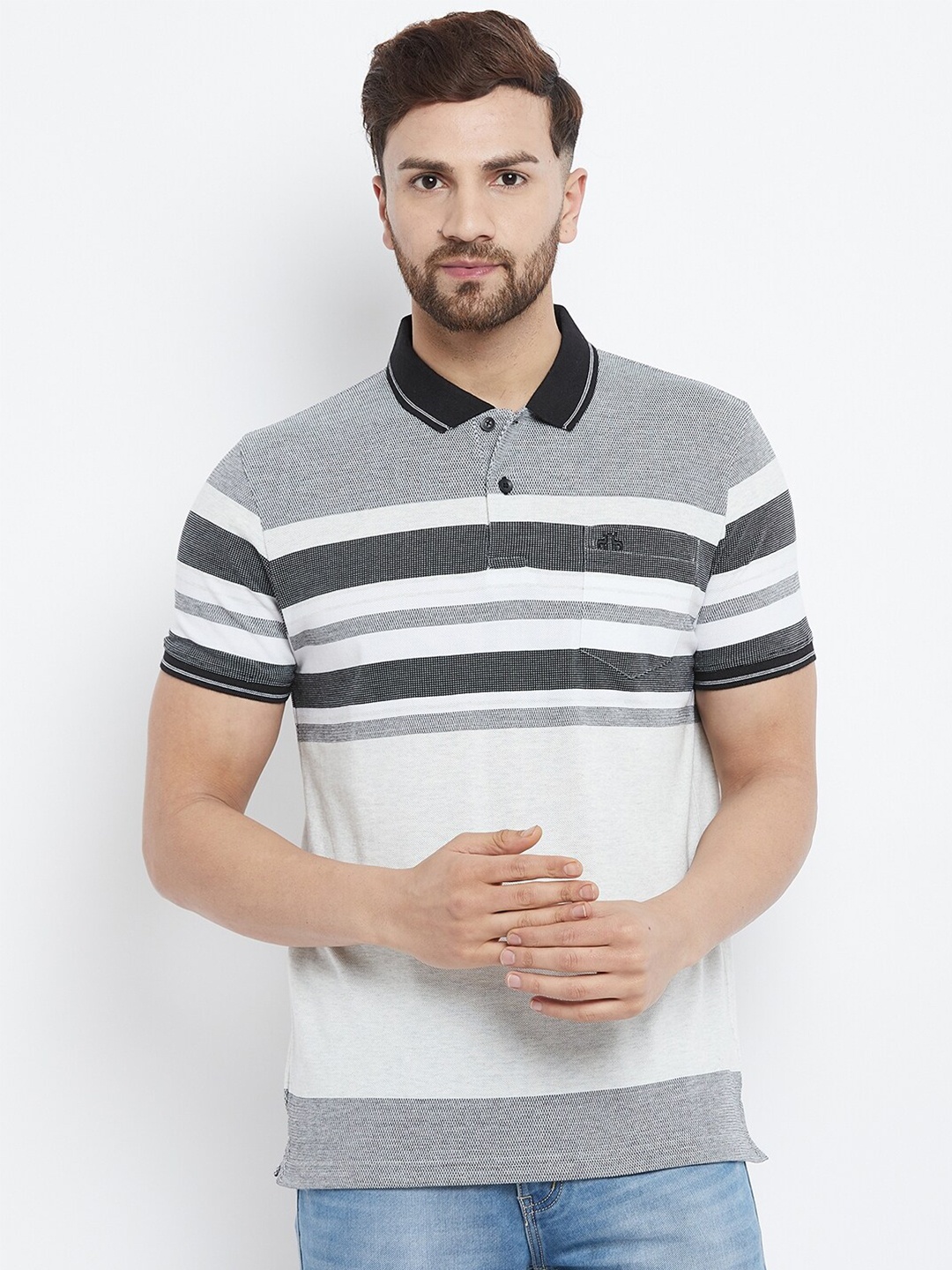 

98 Degree North Men Grey & White Striped Polo Collar T-shirt