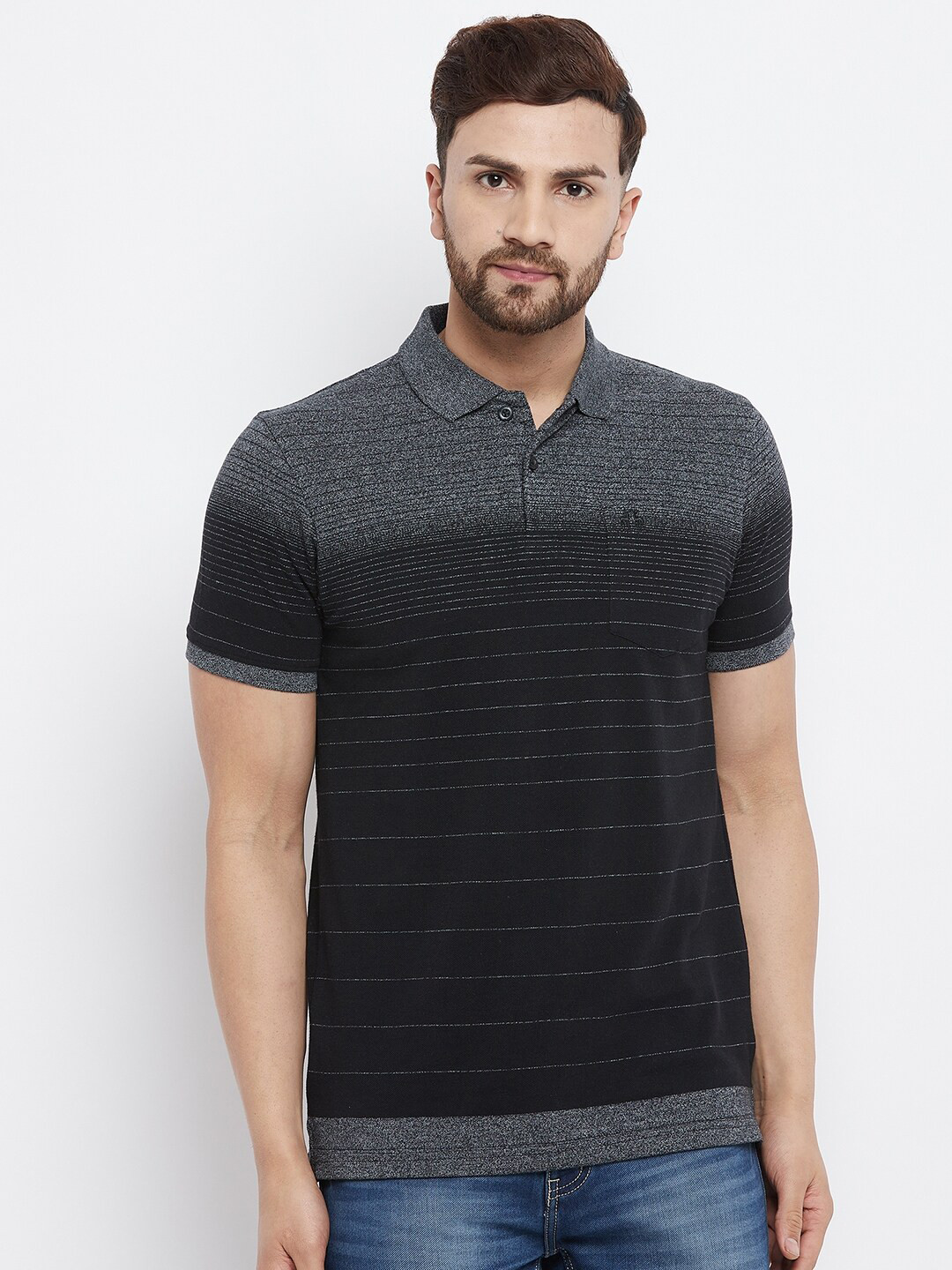

98 Degree North Men Black & Grey Printed Polo Collar T-shirt