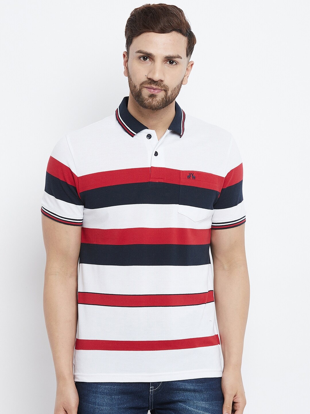 

98 Degree North Men White & Red Striped Polo Collar Regular Fit T-shirt