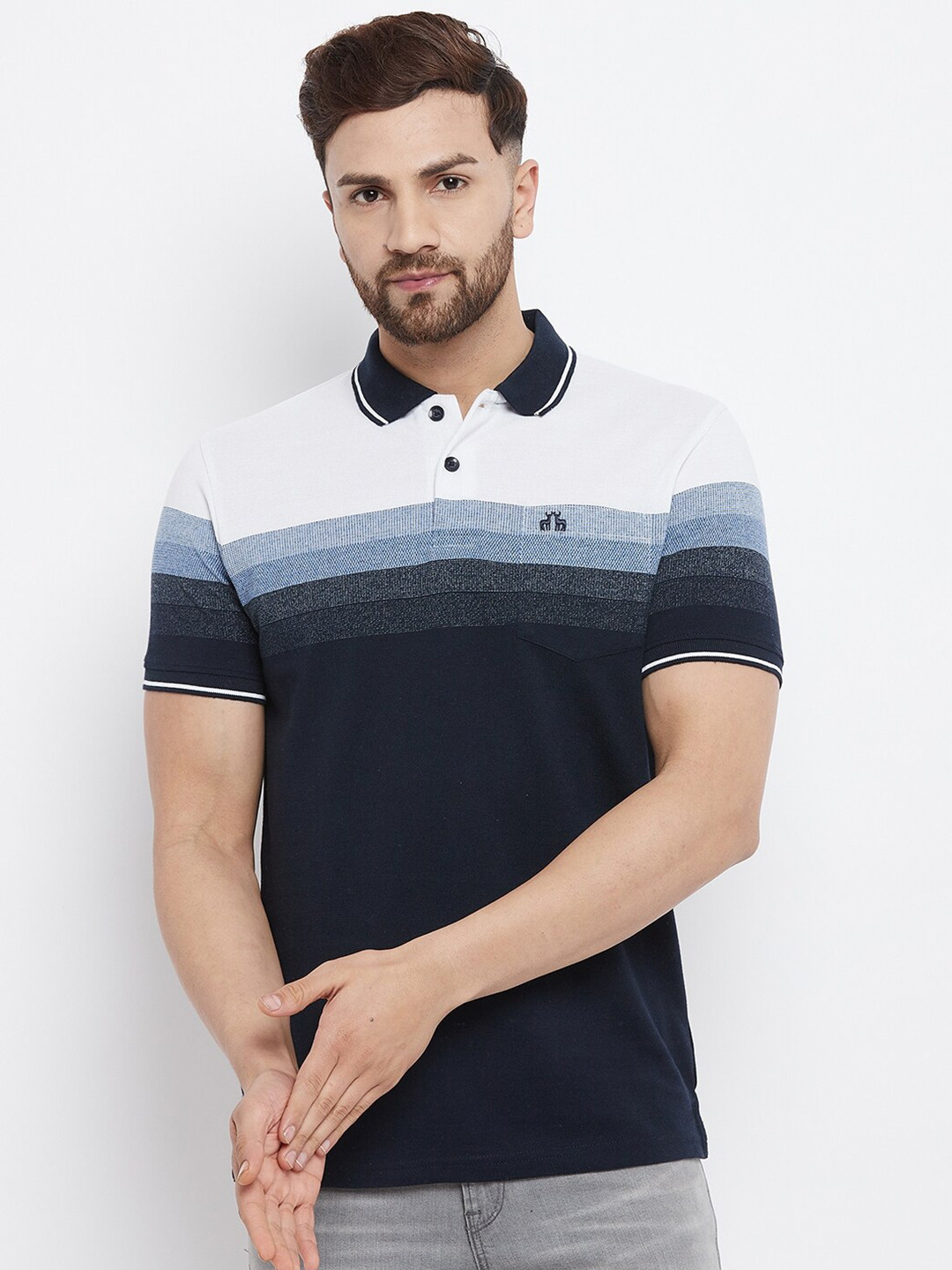

98 Degree North Men Navy Blue & White Colourblocked Polo Collar T-shirt