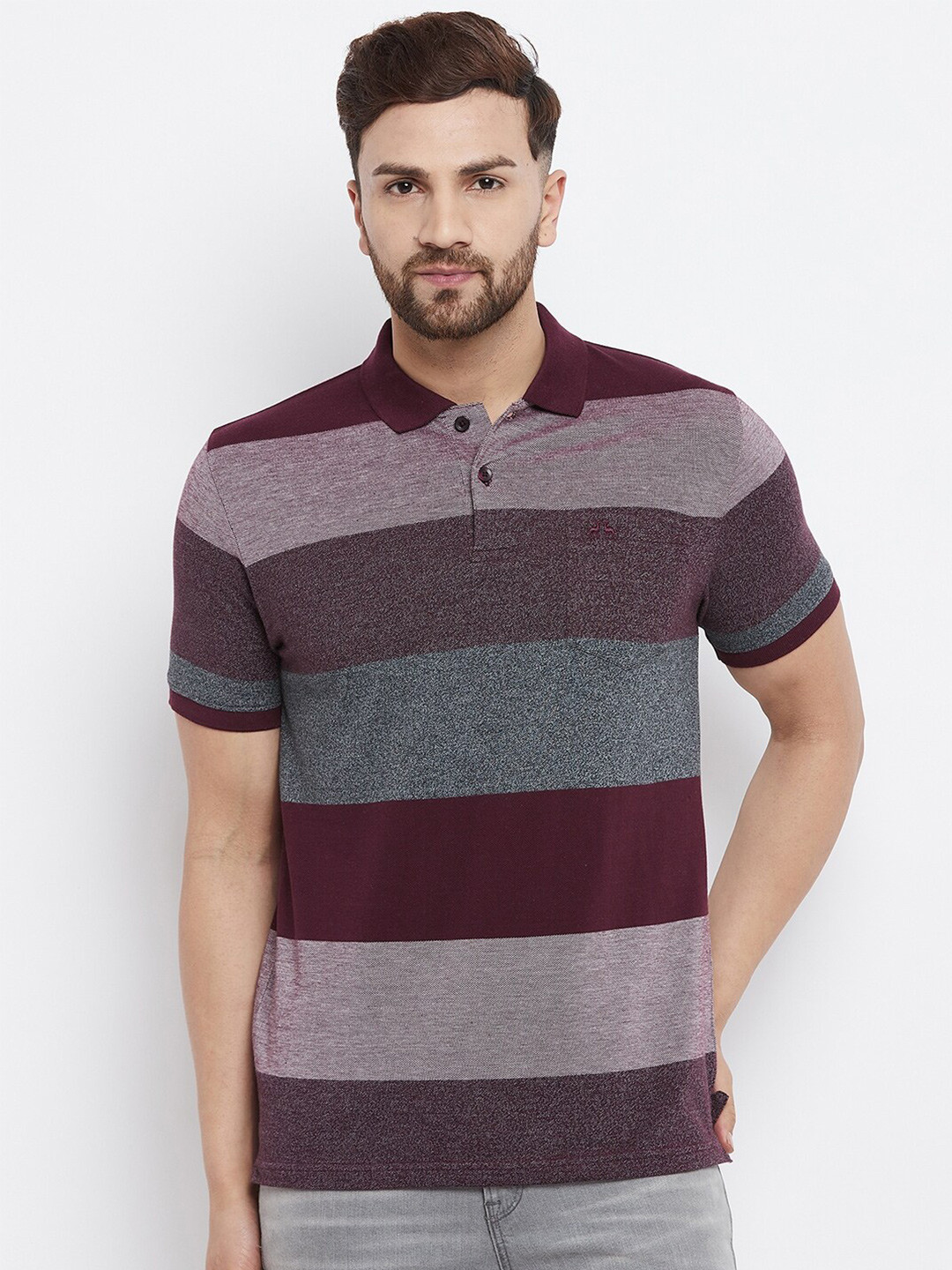 

98 Degree North Men Burgundy & Grey Striped Polo Collar T-shirt