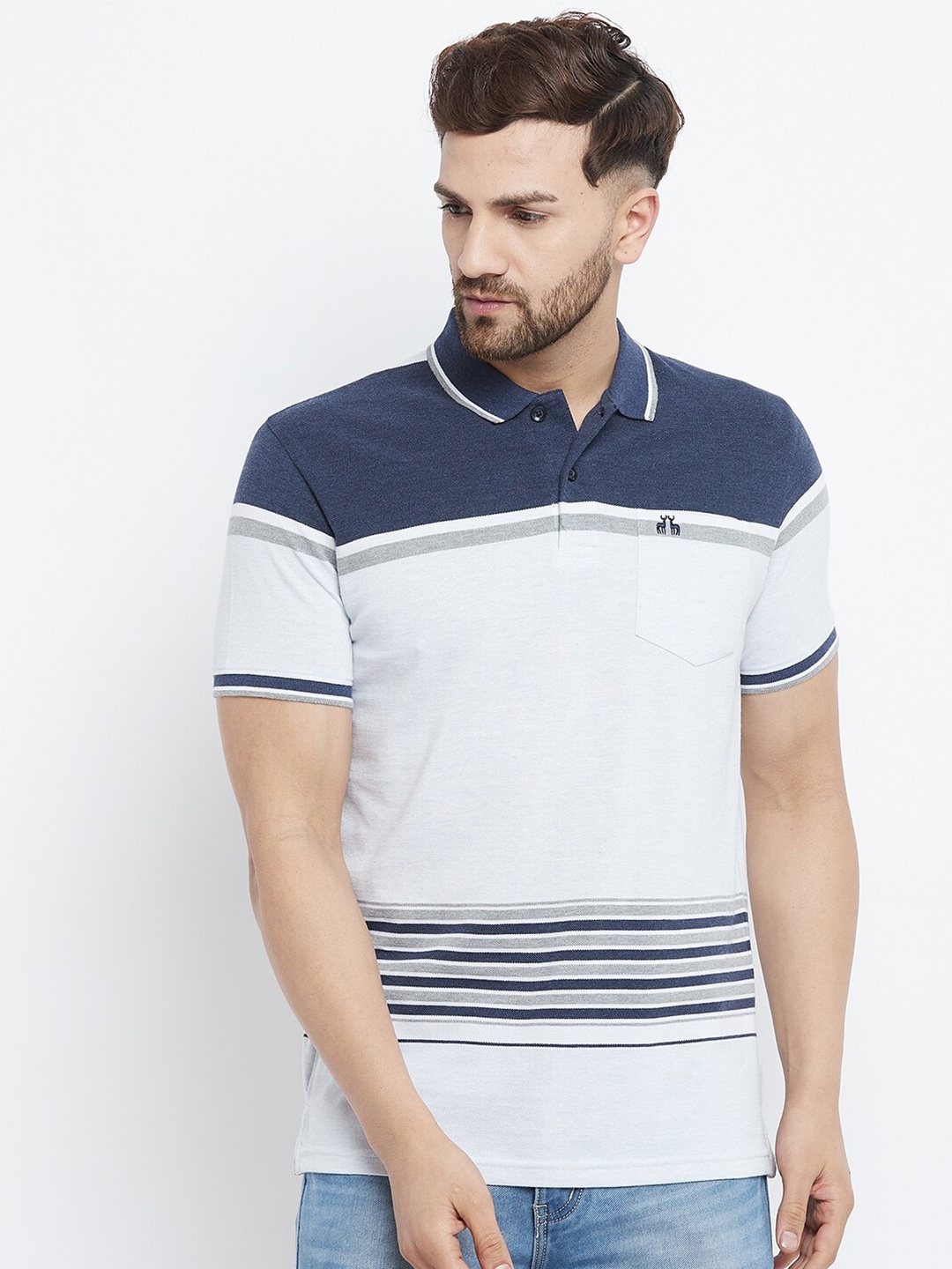 

98 Degree North Men Blue Striped Polo Collar Regular Fit T-shirt