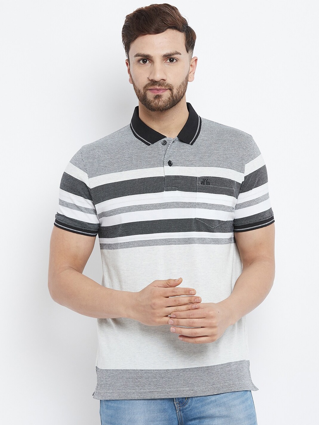 

98 Degree North Men Grey & White Striped Polo Collar Regular Fit T-shirt