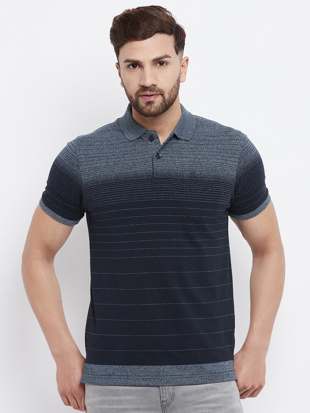 

98 Degree North Men Navy Blue Striped Polo Collar Regular Fit T-shirt