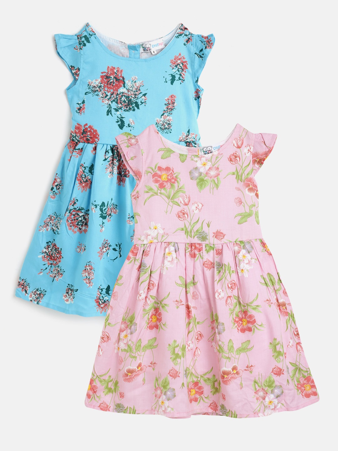 

CHUTPUT Turquoise Blue & Pink Set of 2 Floral A-Line Midi Dress