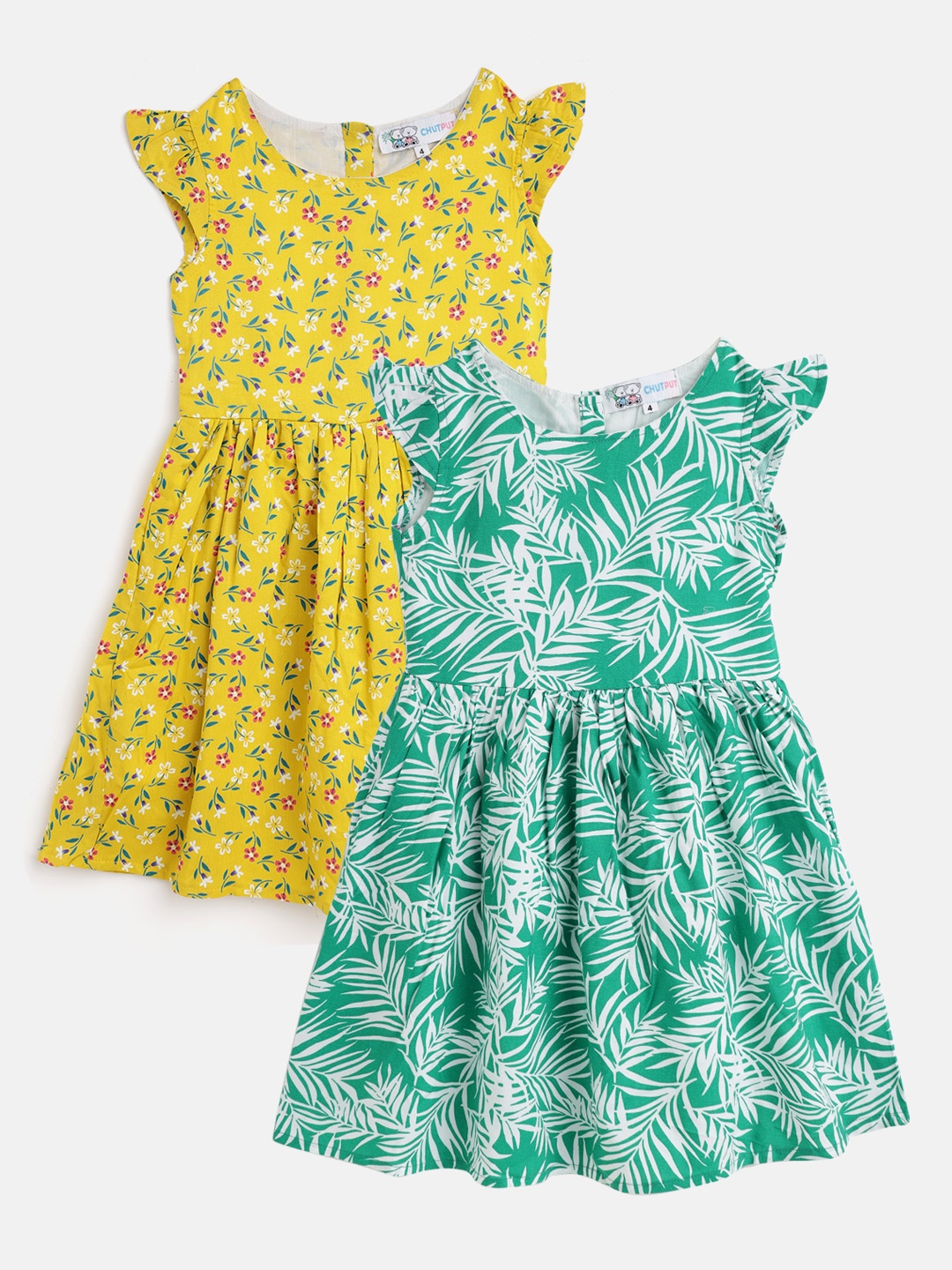 

CHUTPUT Sea Green & Yellow Set of 2 Floral A-Line Midi Dress