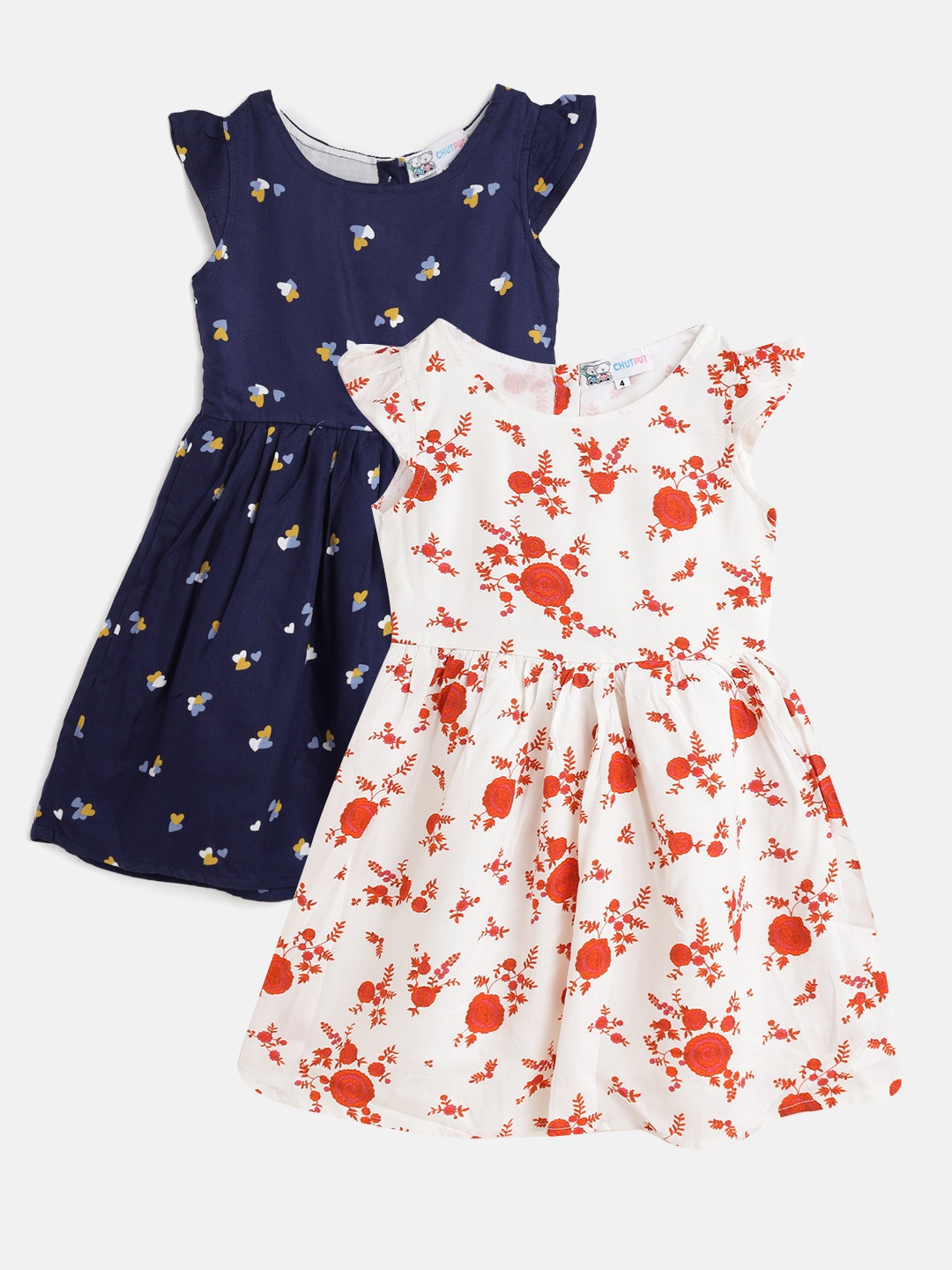

CHUTPUT White & Navy Blue Set of 2 Floral A-Line Midi Dress
