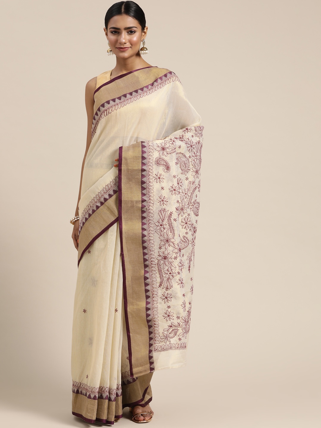 

ADA Beige & Purple Ethnic Motifs Chikankari Embroidered Kota Handloom Saree