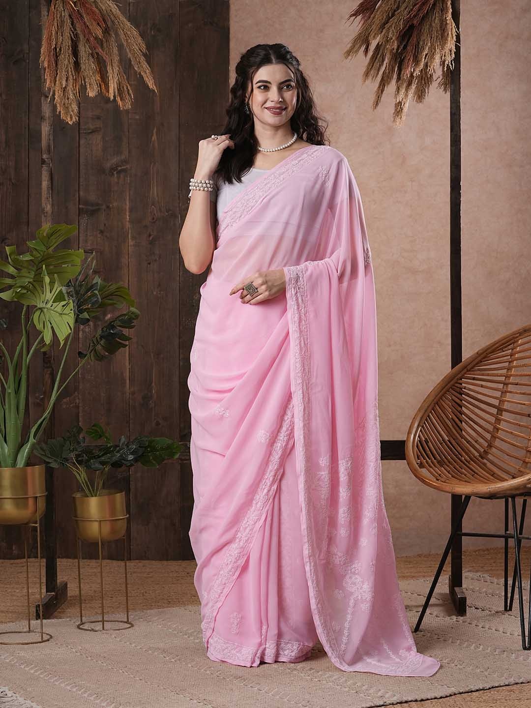 

ADA Pink & White Chikankari Embroidered Saree