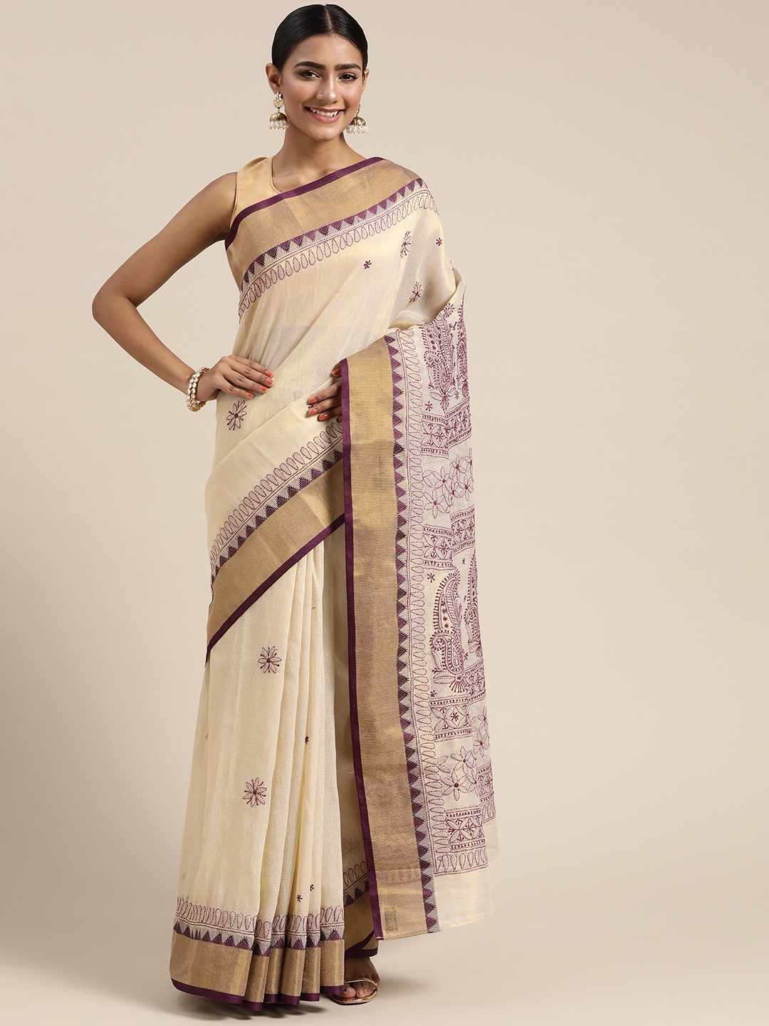 

ADA Beige & Purple Ethnic Motifs Chikankari Embroidered Kota Saree