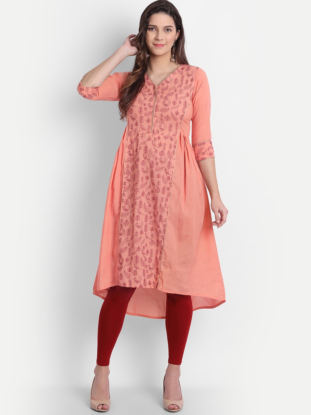 

HK colours of fashion Women Peach & Maroon Ethnic Motifs Embroidered Cotton Kurta
