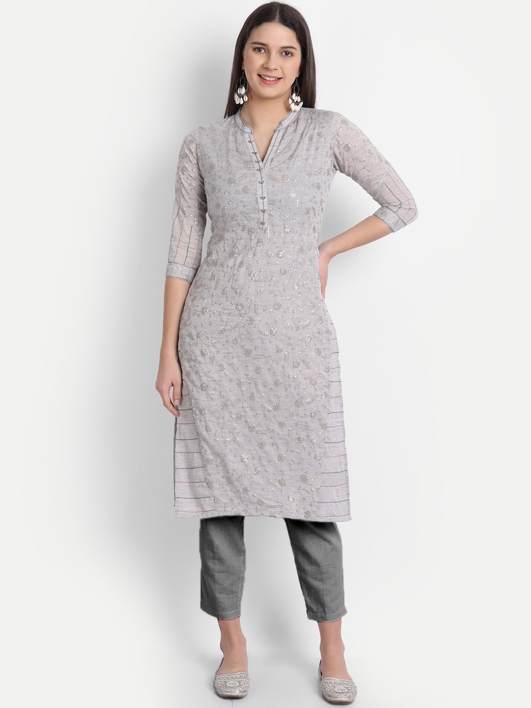 

HK colours of fashion Women Grey Melange & Gold-Toned Embellished Pure Cotton Kurta