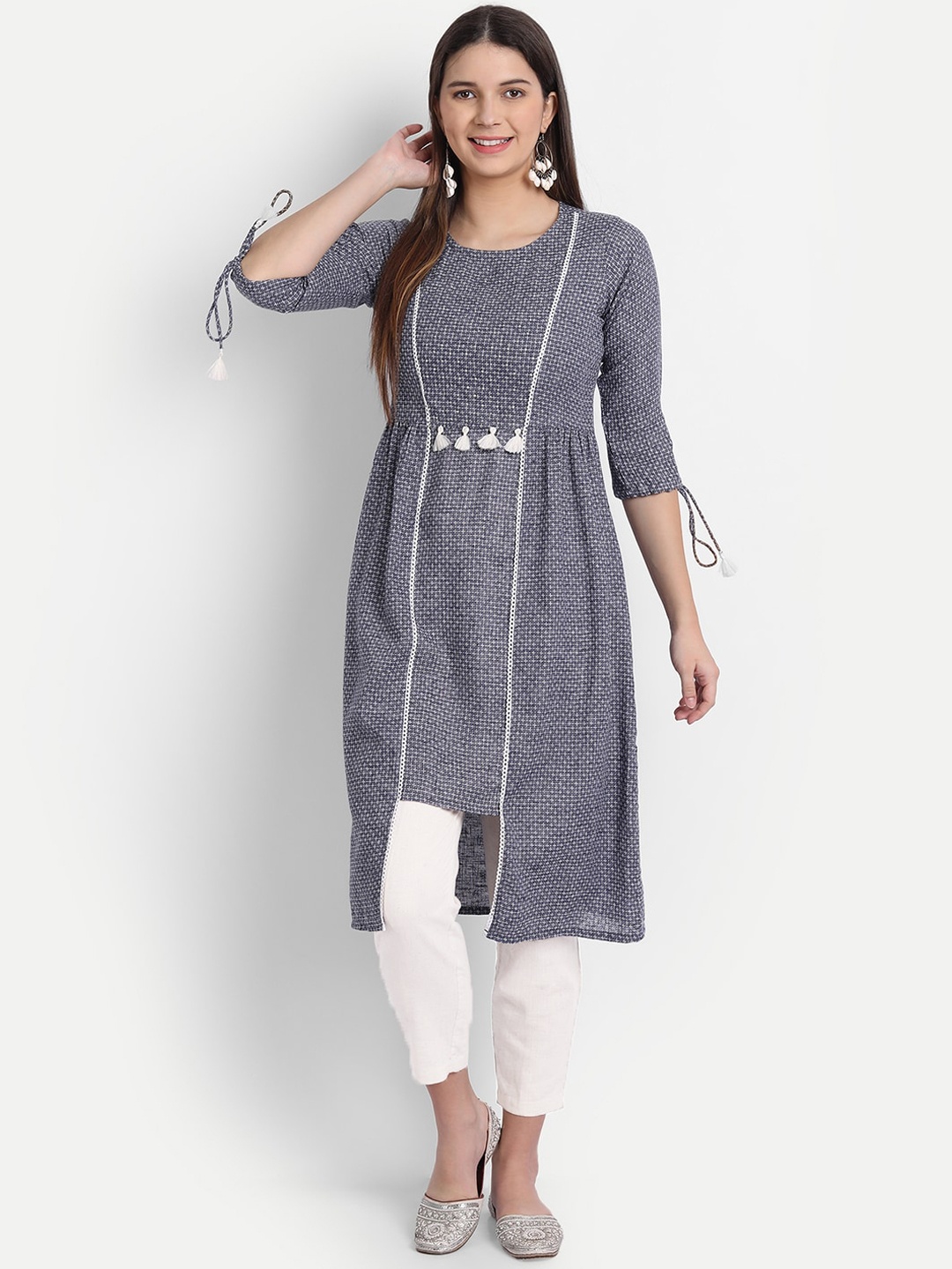 

HK colours of fashion Women Blue & White Geometric Jacquard Kurta
