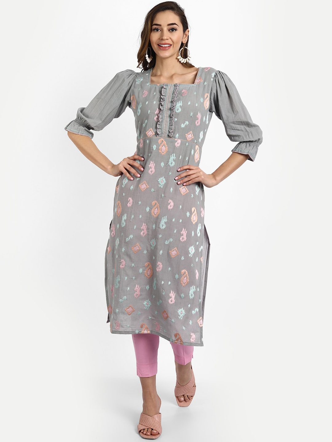 HK colours of fashion Women Grey Floral Embroidered Straight Kurta