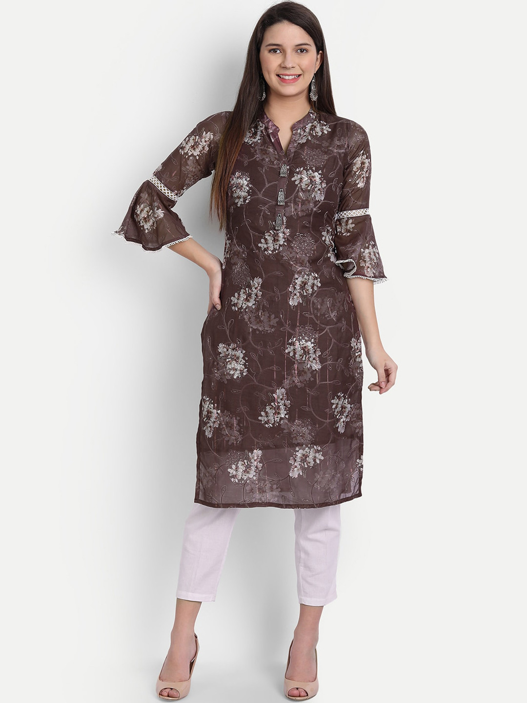 

HK colours of fashion Women Burgundy Floral Printed Flared Sleeves Kurta