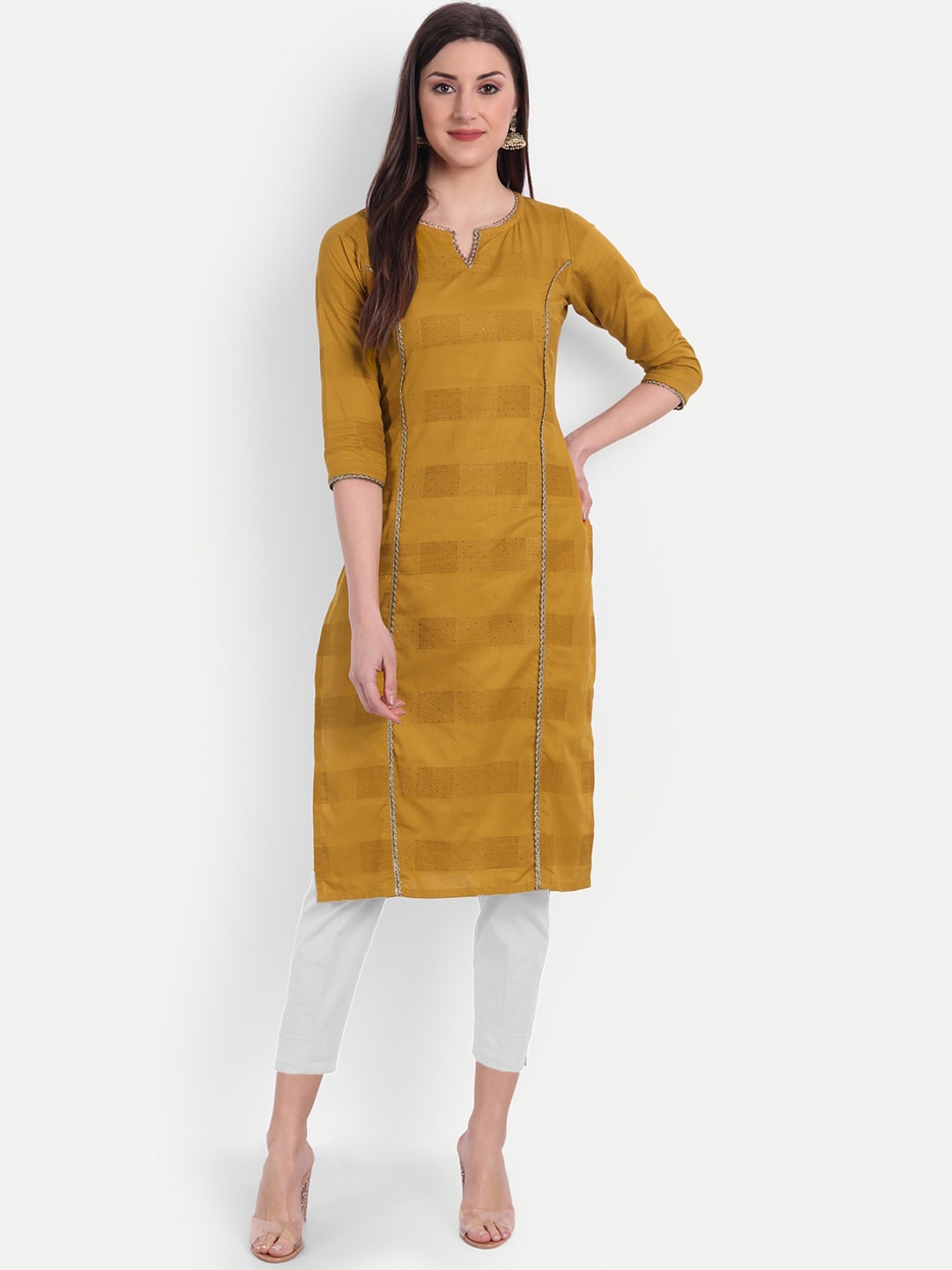 

HK colours of fashion Women Mustard Yellow Striped Embellished Thread Work Cotton Kurta