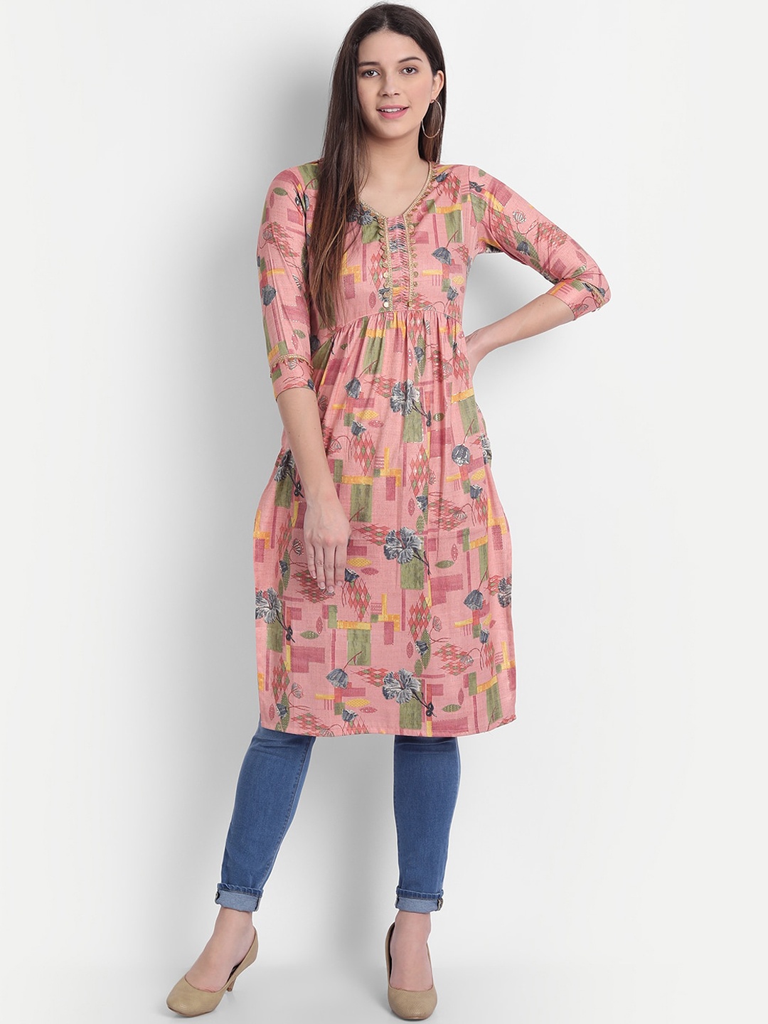 HK colours of fashion Women Rose & Blue Printed A-line Kurta