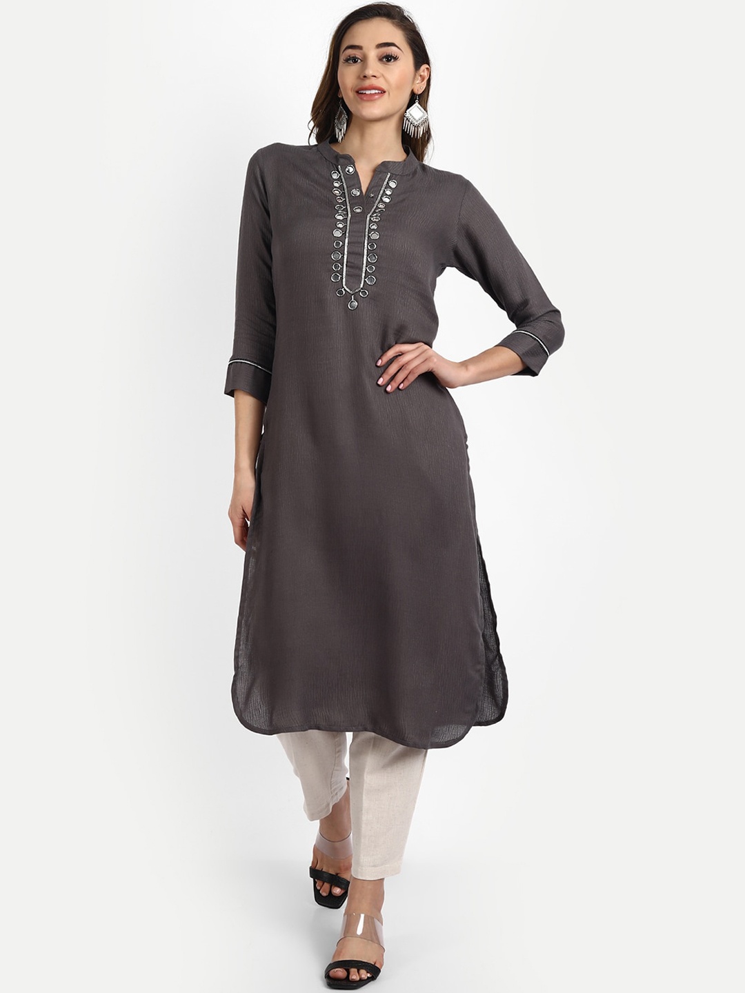 

HK colours of fashion Women Charcoal Mirror Work Straight Kurta