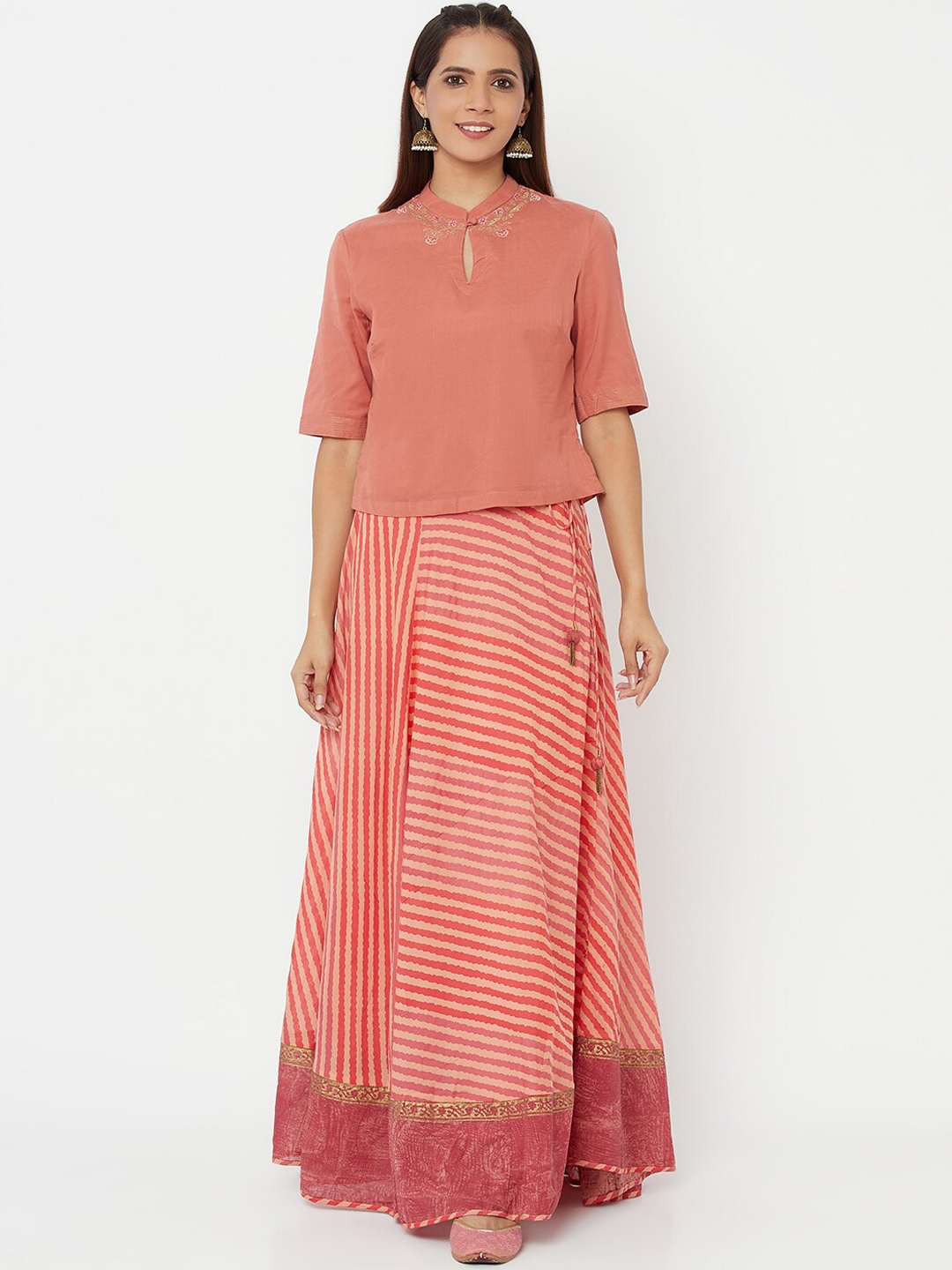 

Fabindia Women Coral Pink & Peach-Coloured Thread Work Pure Cotton Top with Skirt