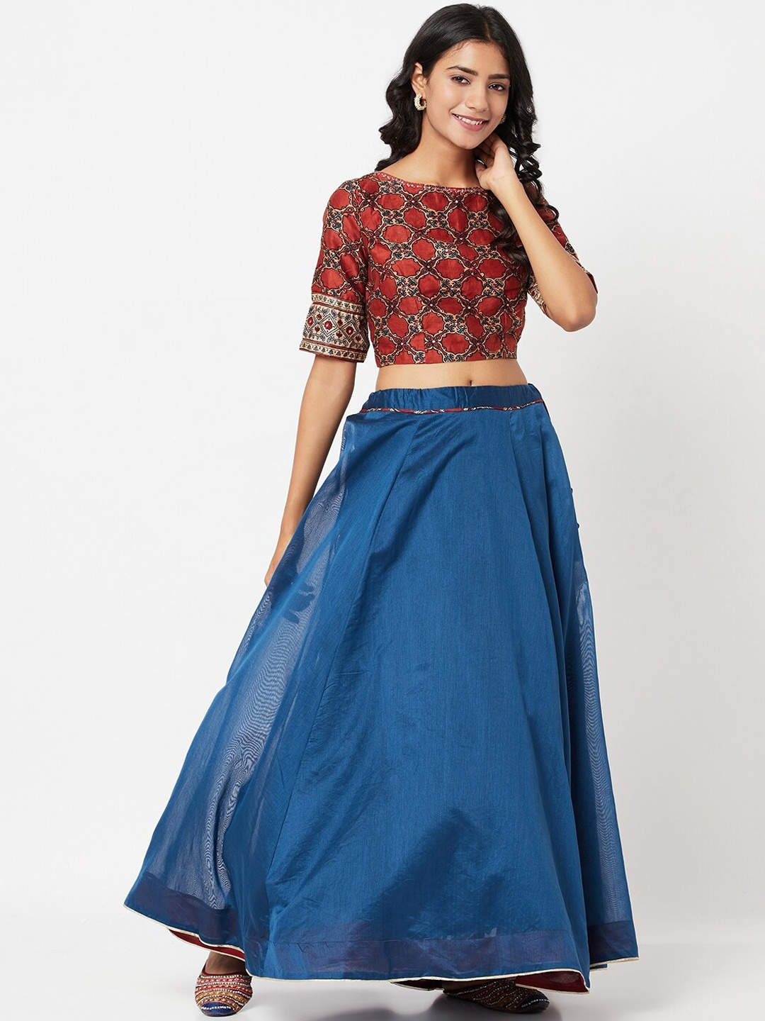 

Fabindia Women Blue Ethnic Motifs Printed Top with Skirt