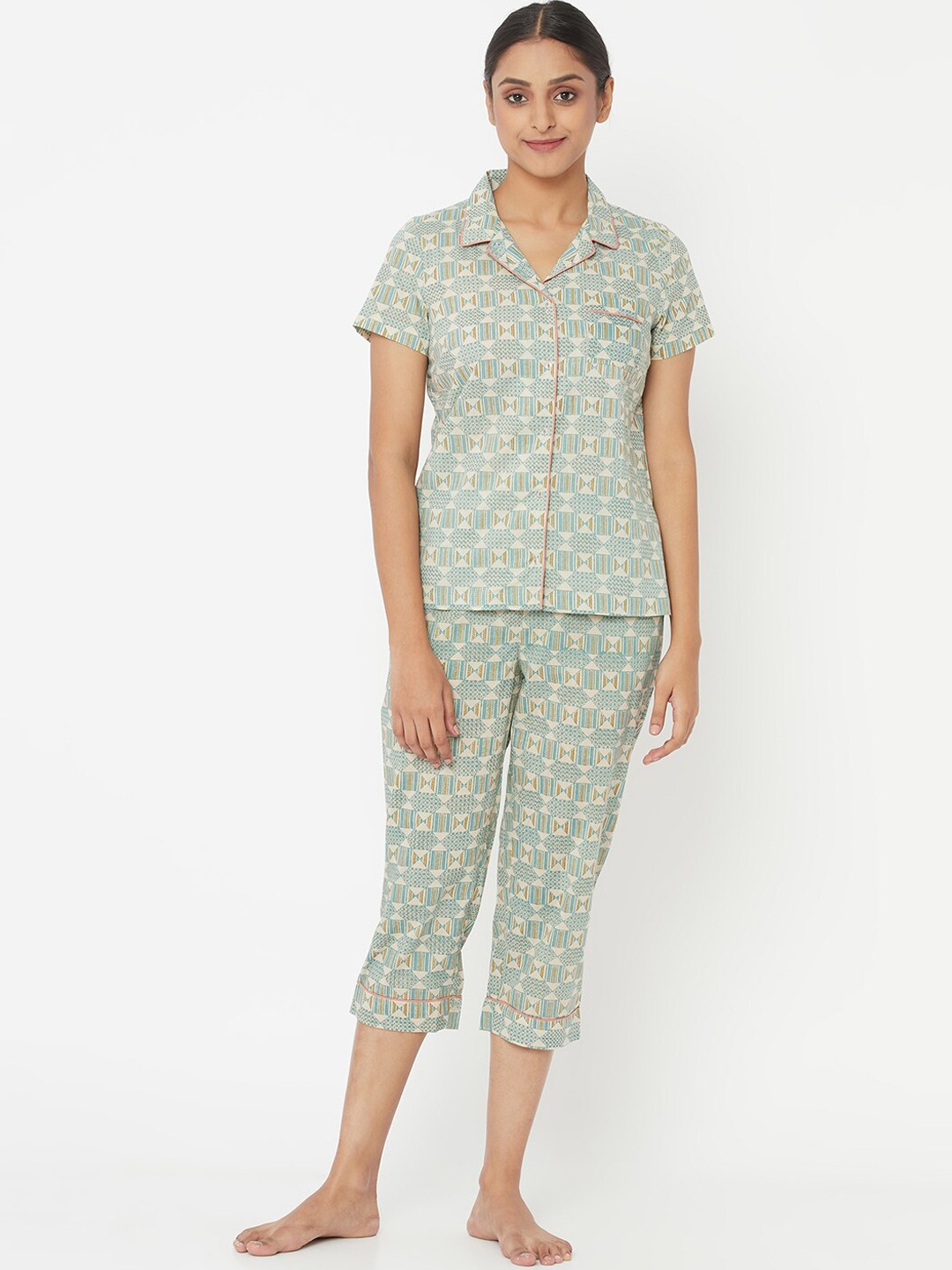

Fabindia Women Beige & Blue Printed Pure Cotton Night suit