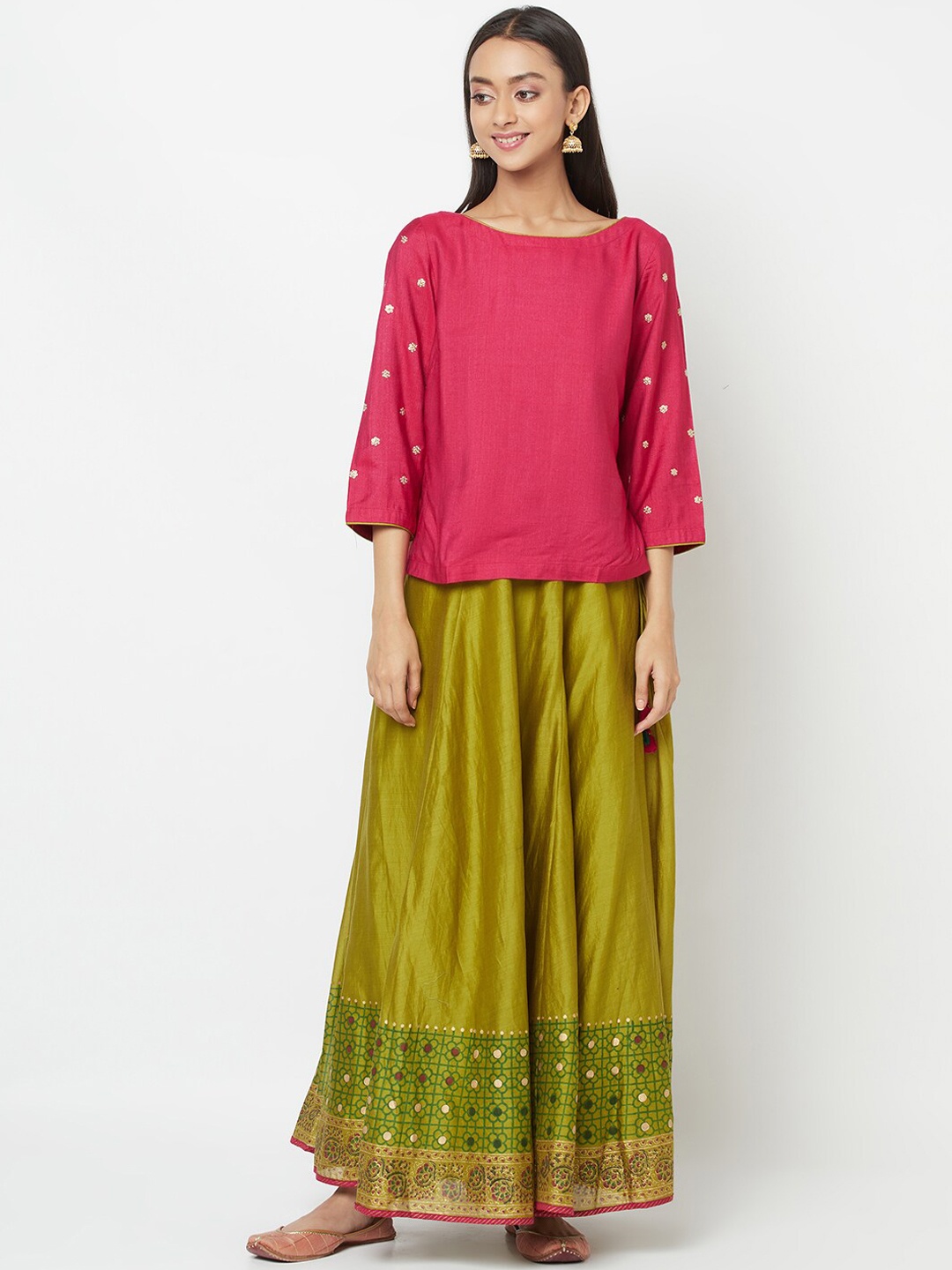 

Fabindia Women Pink Ethnic Motifs Embroidered Kurta with Skirt