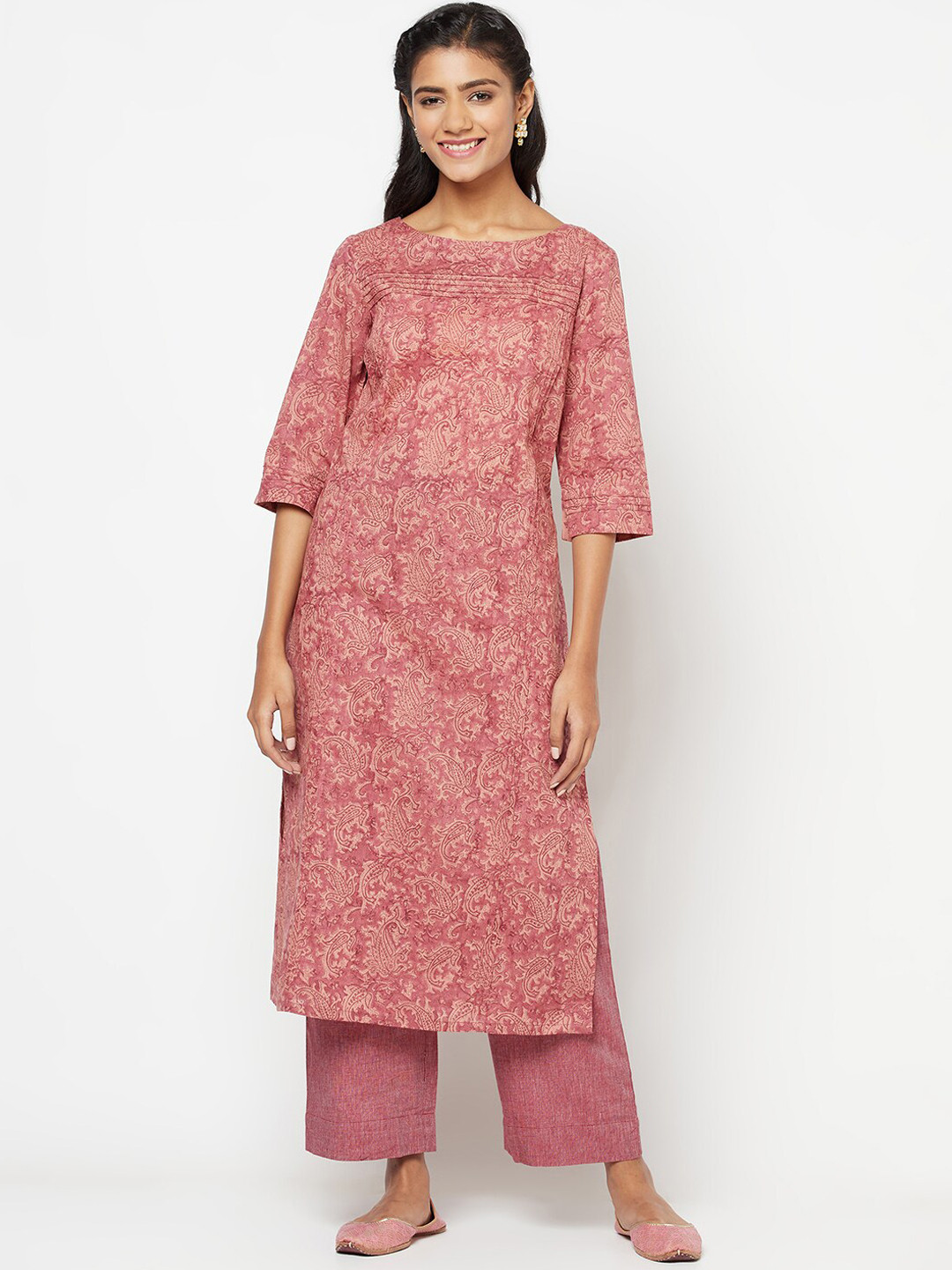 

Fabindia Women Pink Floral Printed Pure Cotton Kurta with Trousers