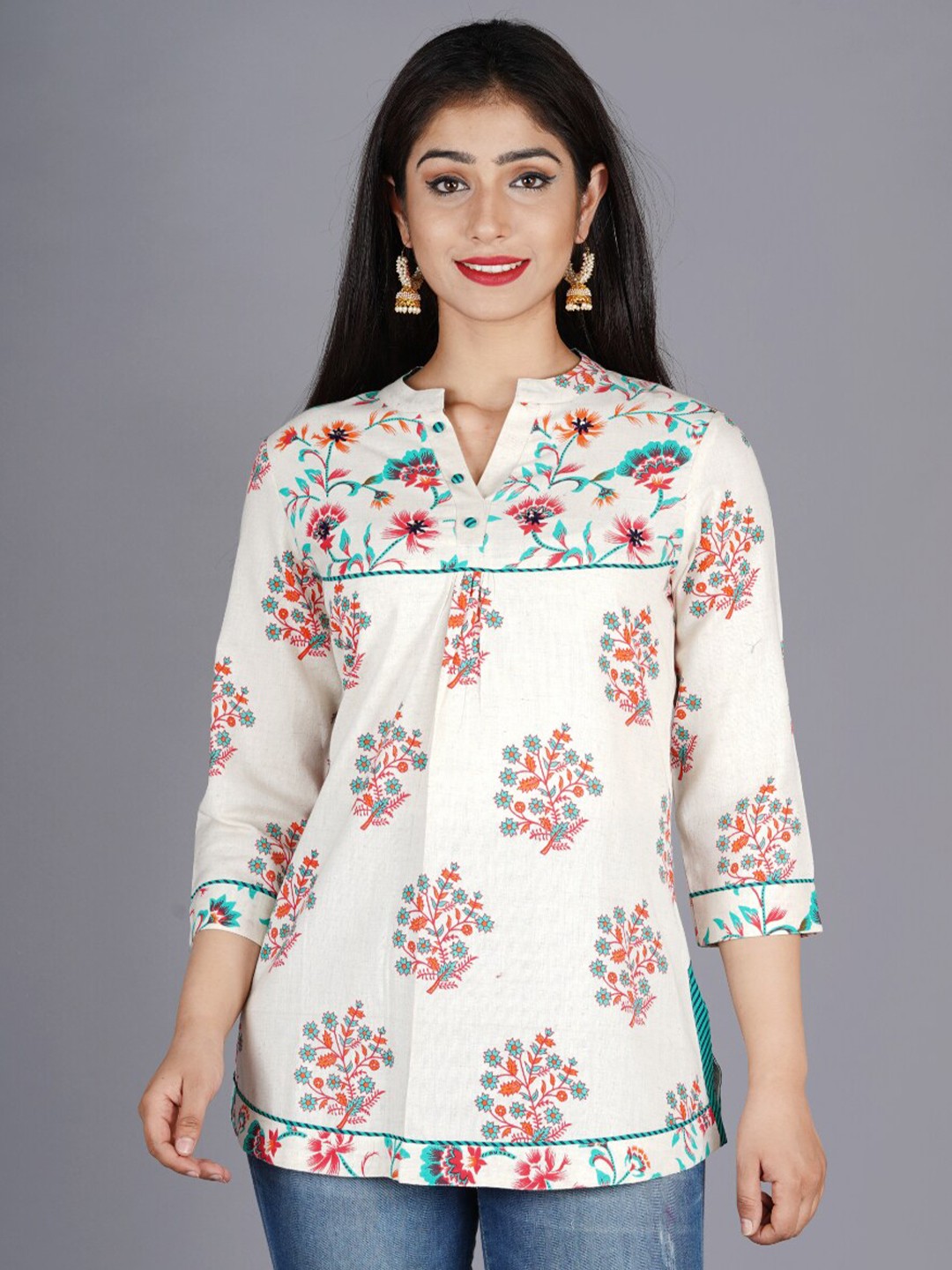 

KALINI Off White & Blue Mandarin Collar Printed Tunic