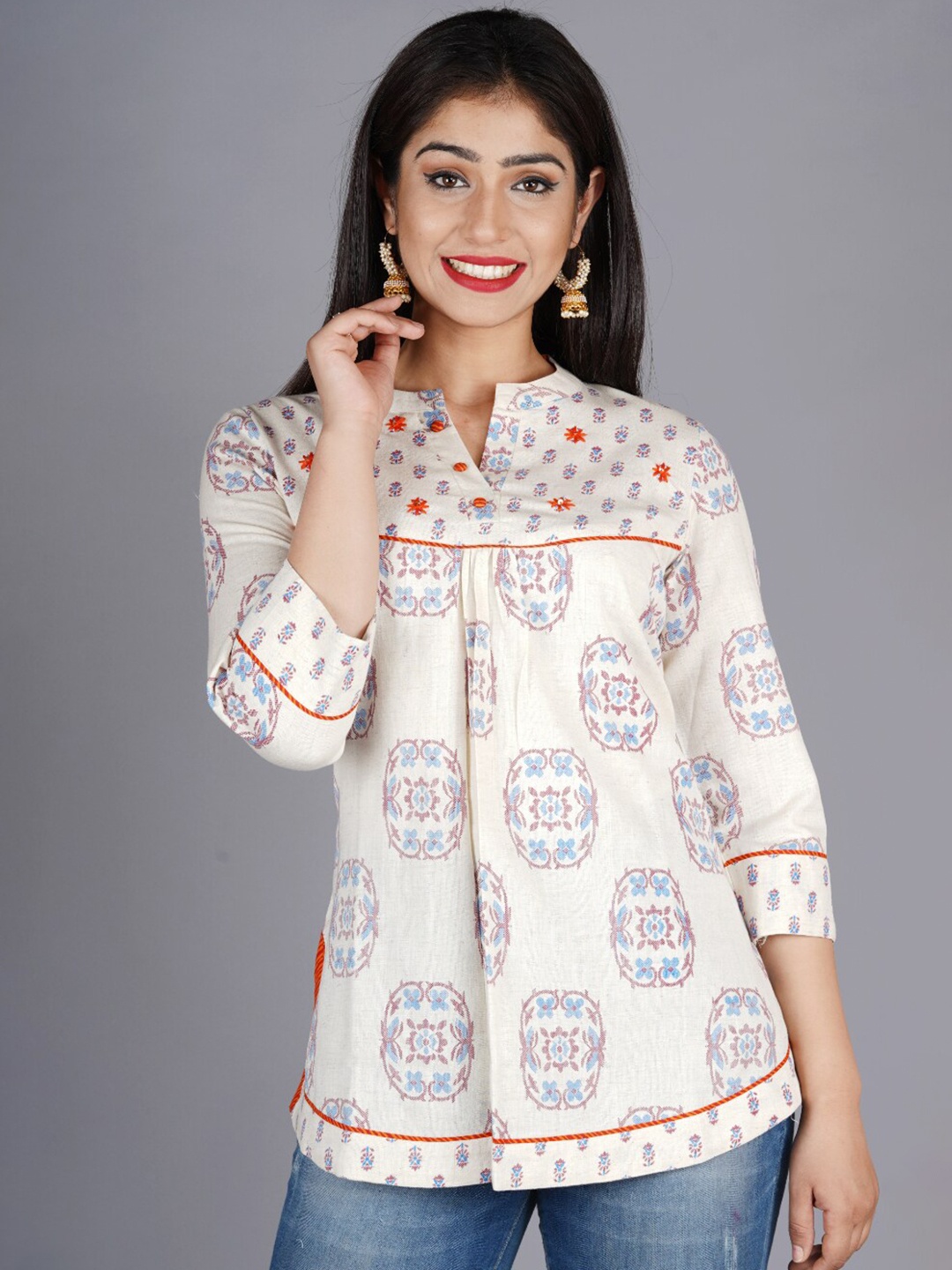 

KALINI Off White & Blue Mandarin Collar Printed Tunic