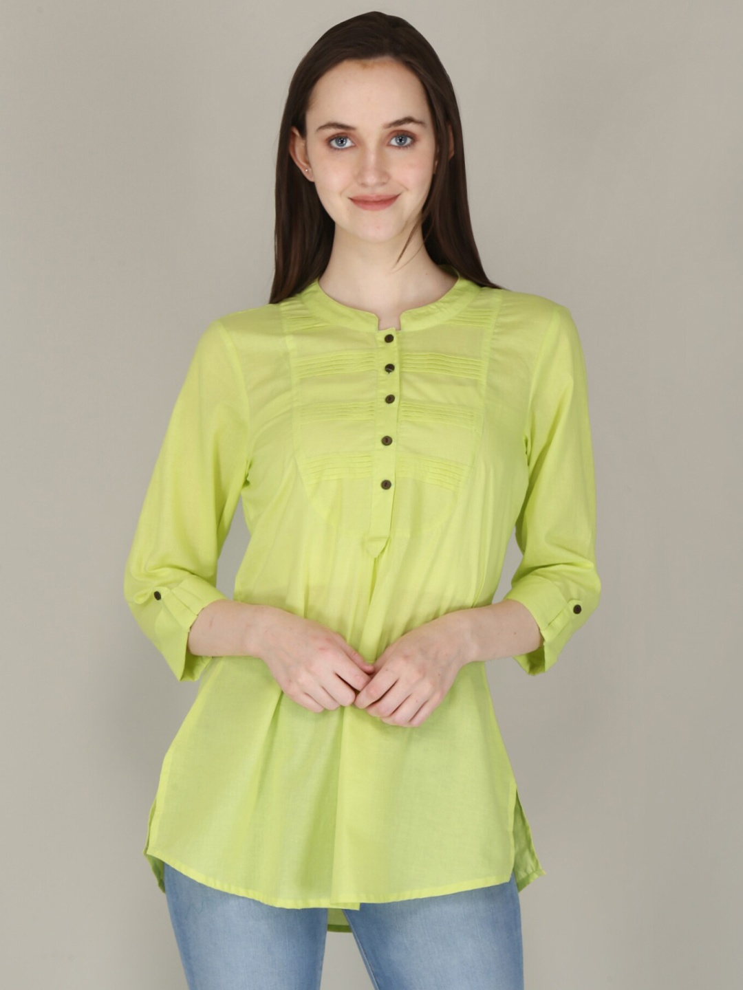 

KALINI Women Lime Green Solid Band Collar Tunic