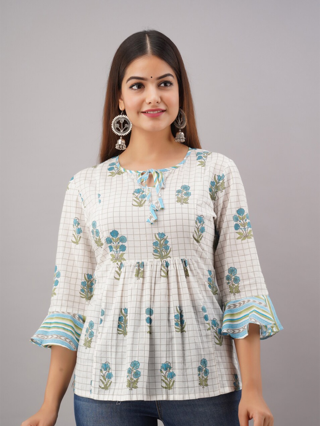

KALINI White & Blue Checked Floral Printed Tunic