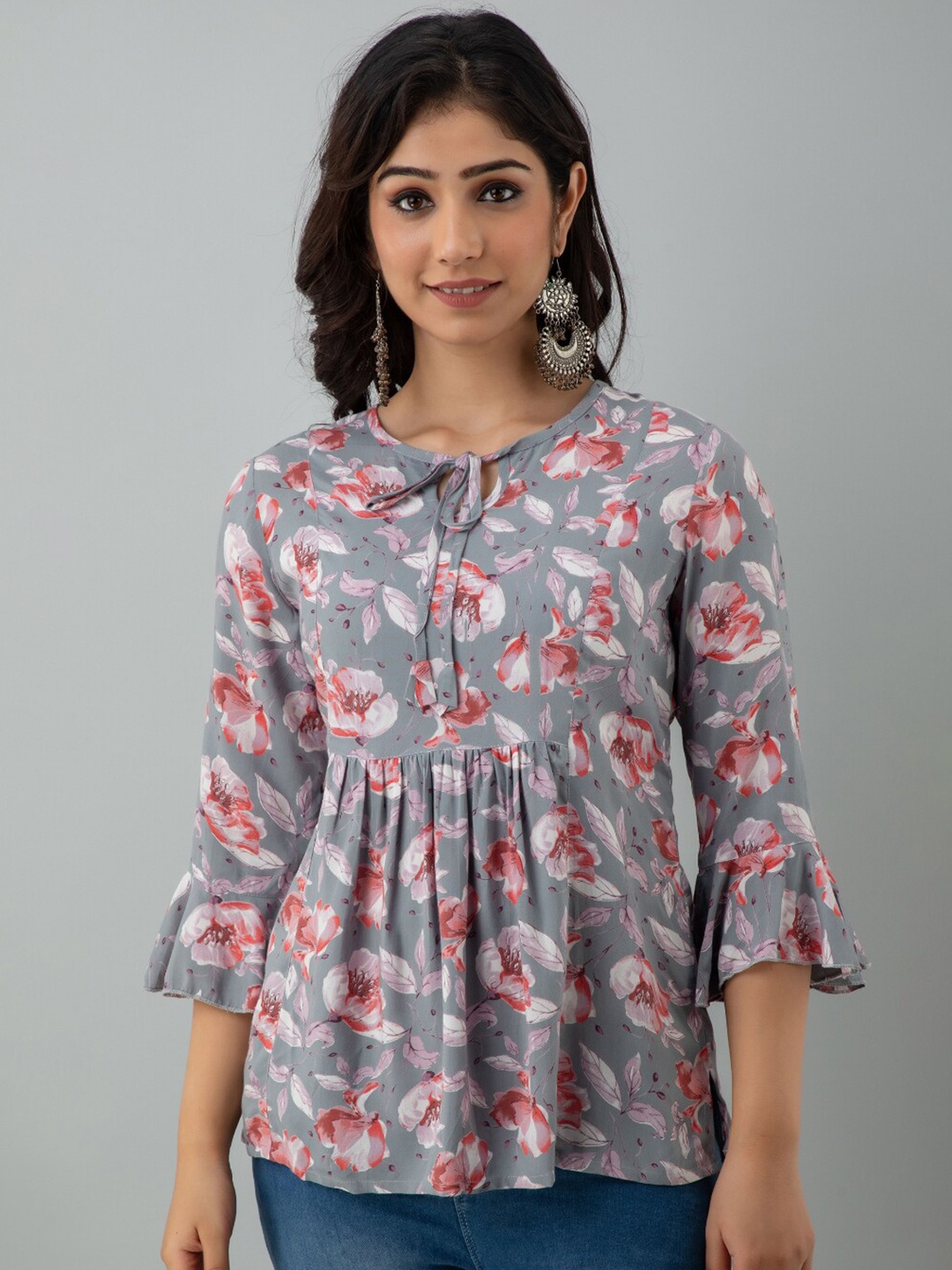 

KALINI Grey & Pink Viscose Rayon Mandarin Collar Printed Tunic