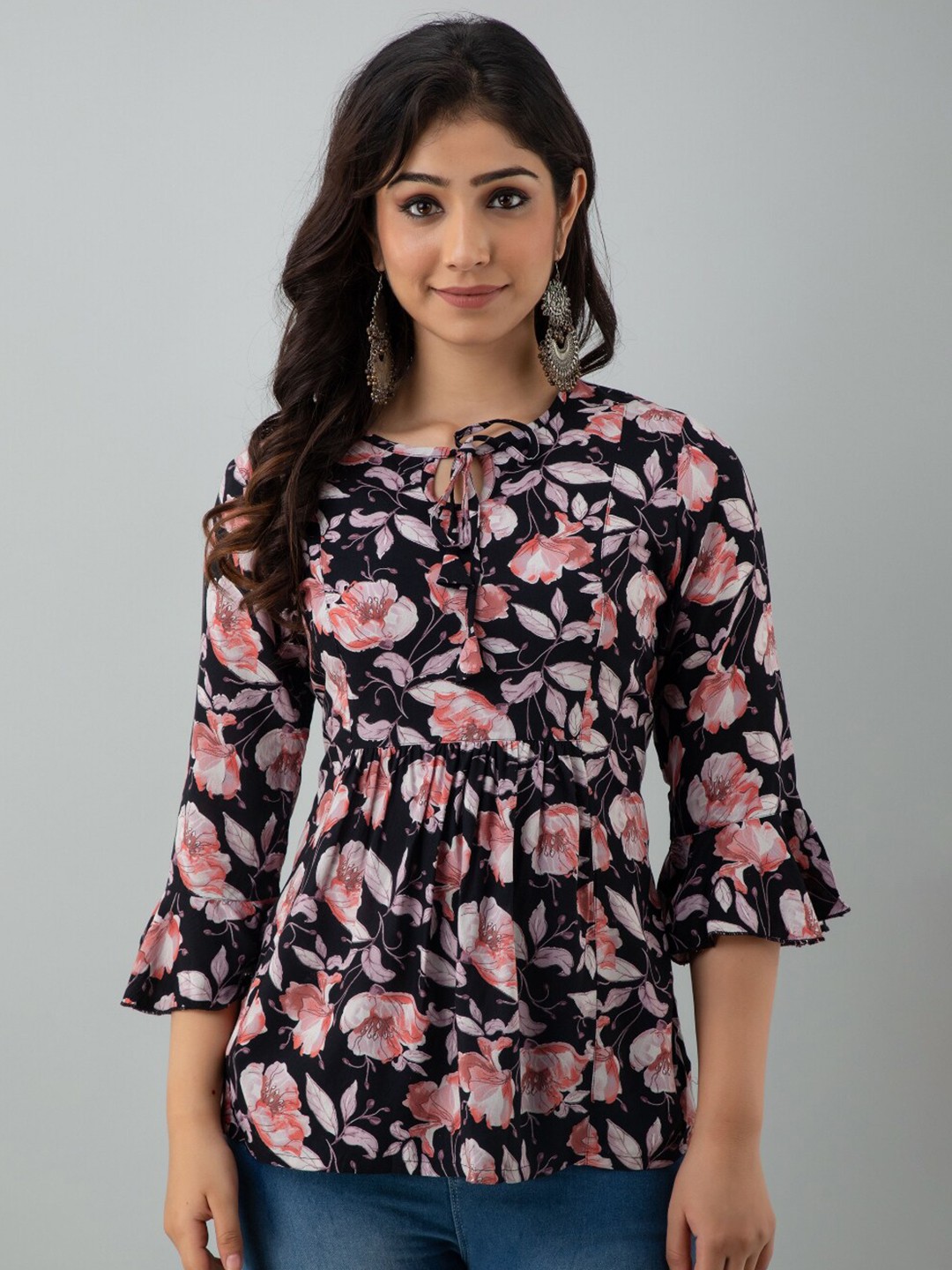

KALINI Black & White Viscose Rayon Mandarin Collar Printed Tunic