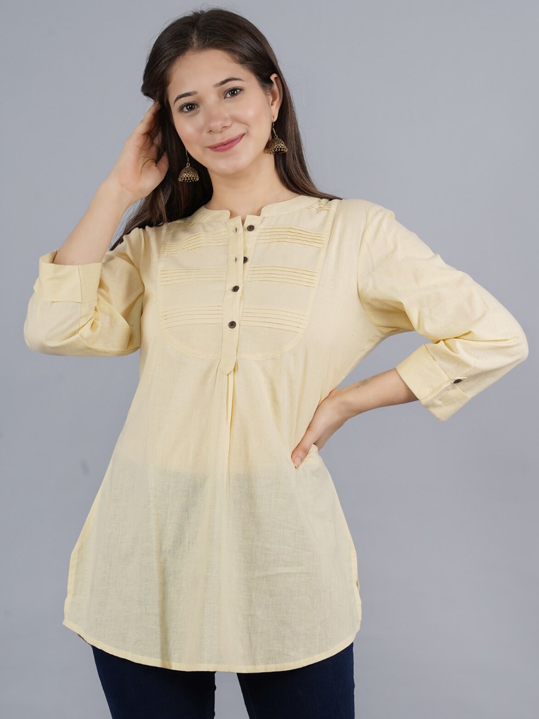 

KALINI Women Beige Mandarin Collar Monochrome Solid Tunic