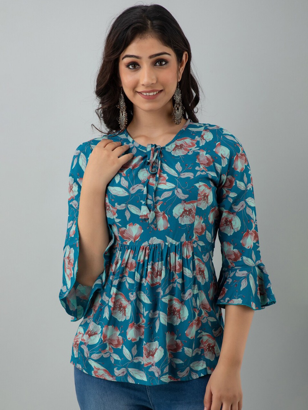 

KALINI Teal & Peach-Coloured Viscose Rayon Printed Tunic