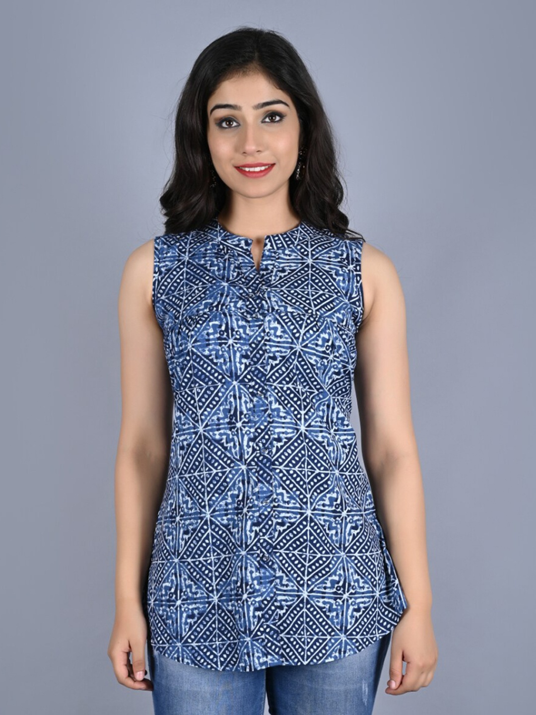 

KALINI Blue & White Mandarin Collar Printed Tunic