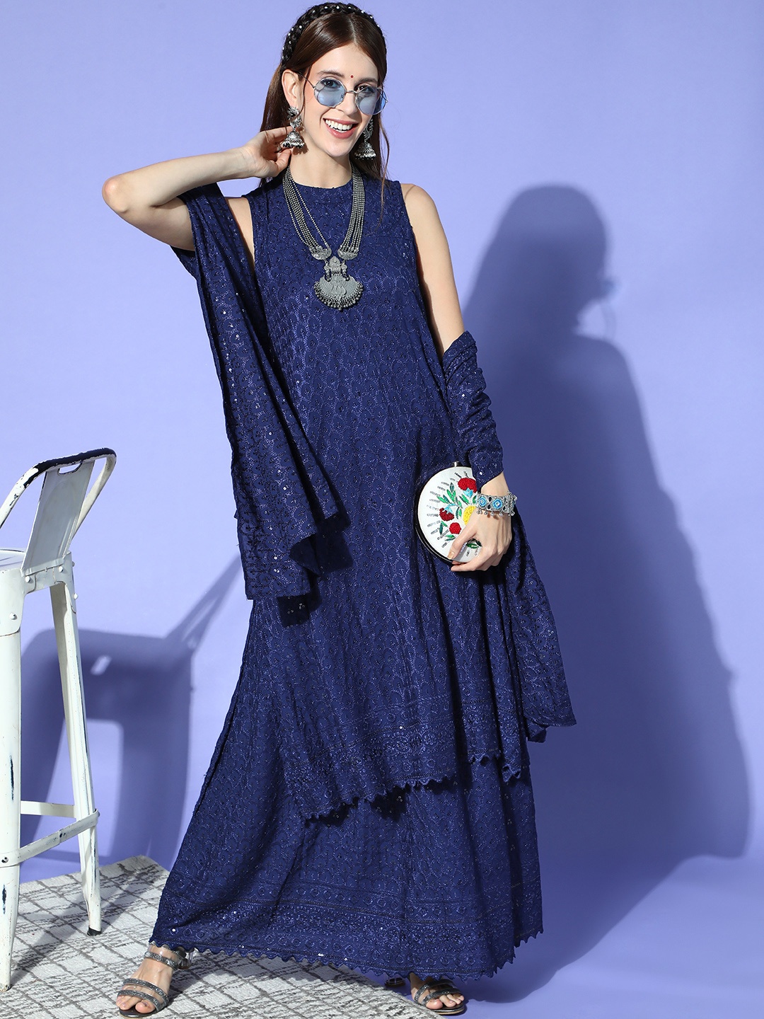 

InWeave Ethnic Motifs Viscose Rayon Scalloped Edge Kurta Set, Blue