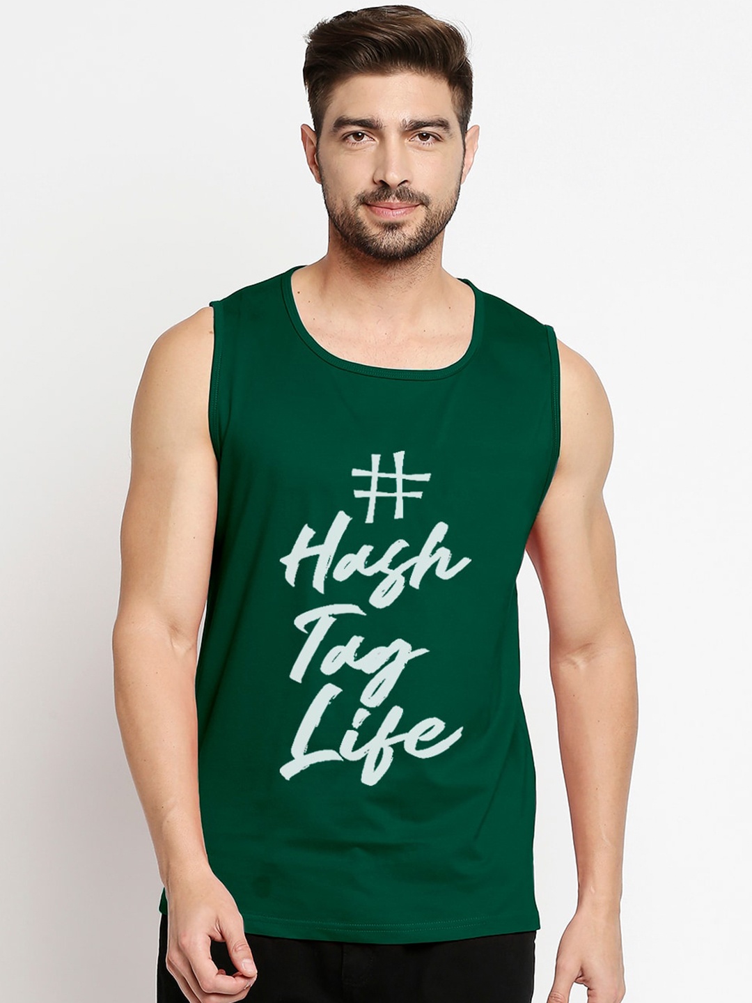 

Blacksmith Men Green & White Printed Round Neck Cotton Training or Gym T-shirt