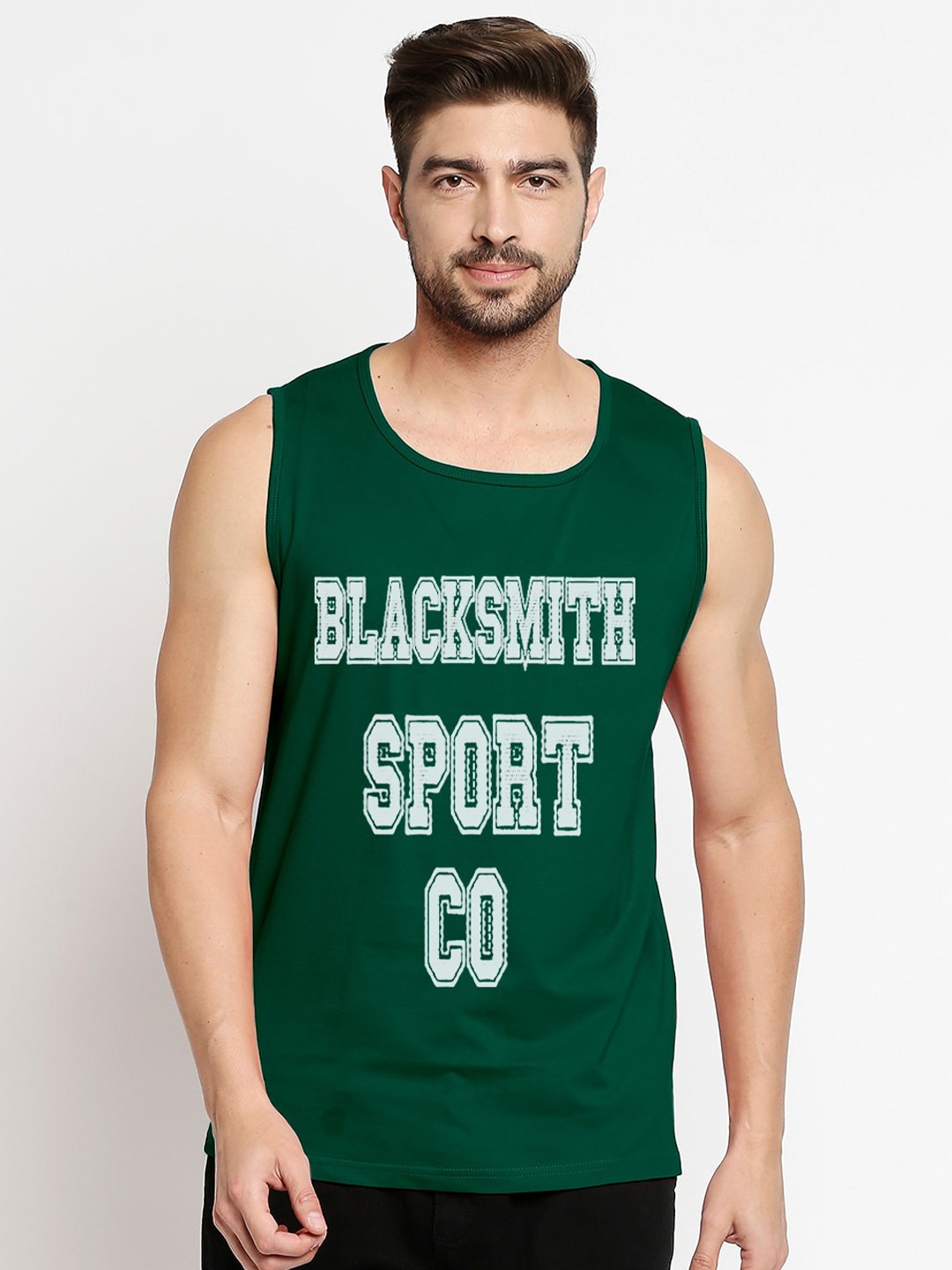 

Blacksmith Men Green & White Printed Round Neck Cotton Training or Gym T-shirt